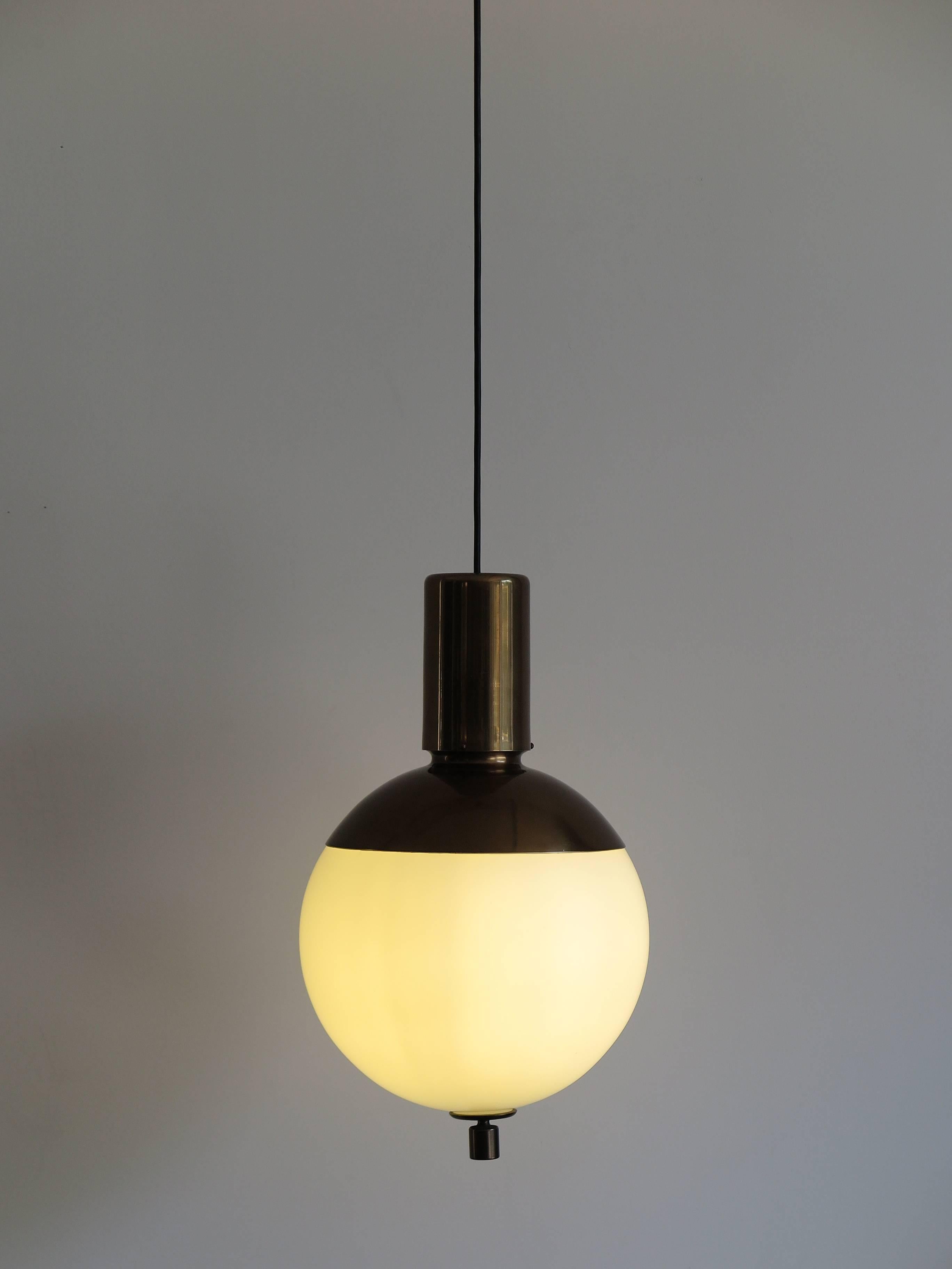 1960s Italian pendant lamp with brass and opaline glass, Mid-Century Modern design.
