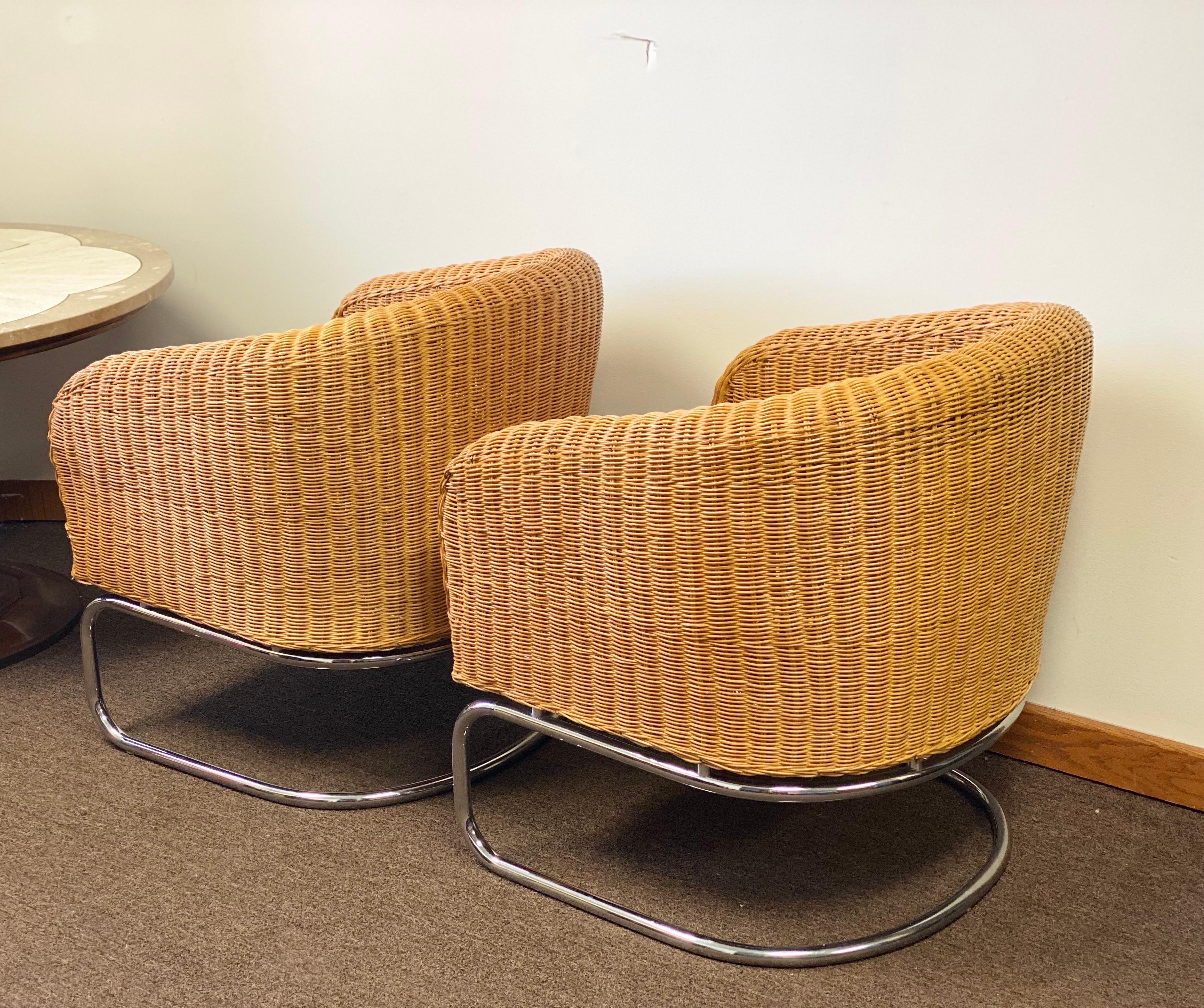 1960s Mid-Century Modern Wicker and Chrome Cantilever Barrel Lounge Chairs 6