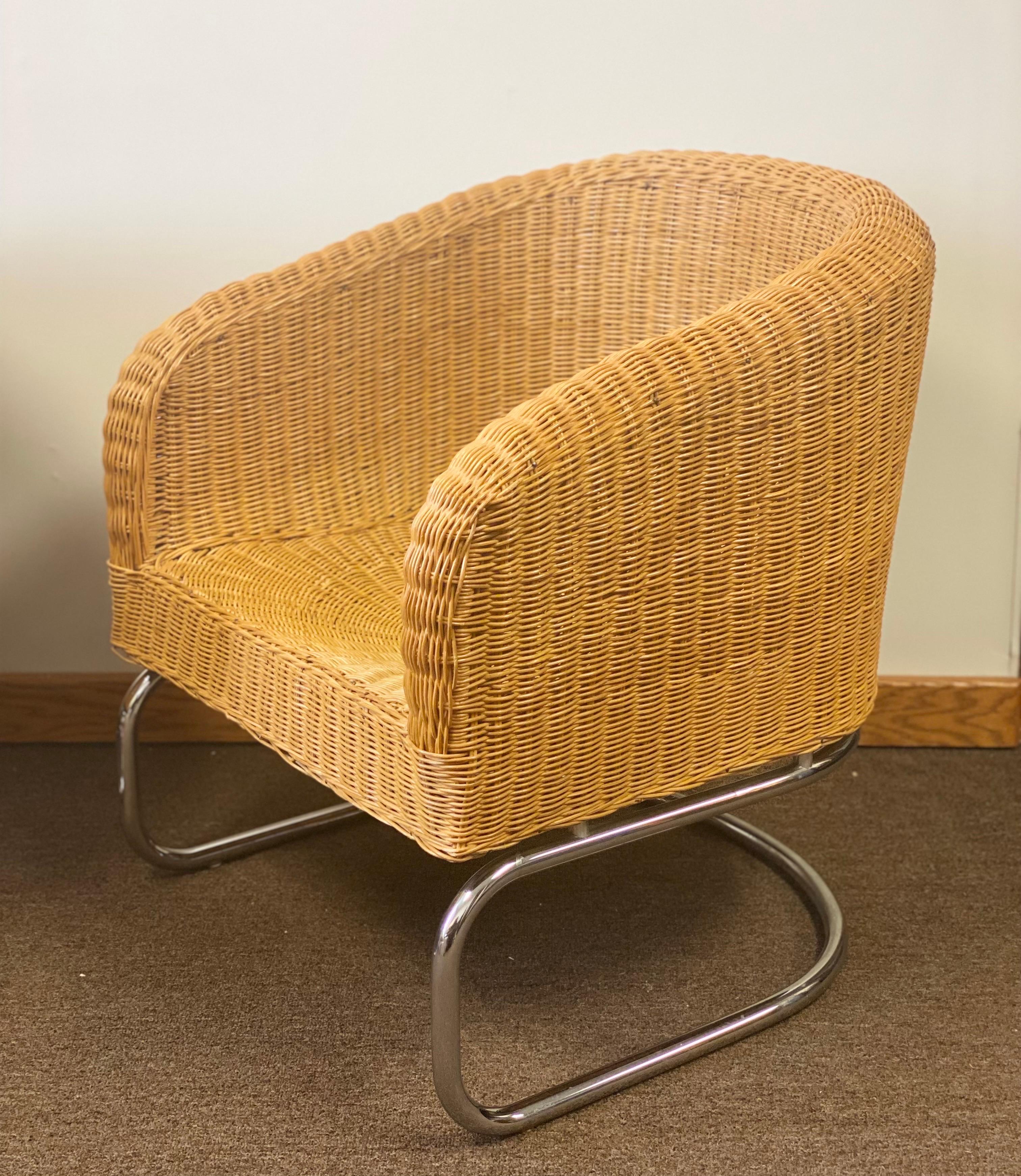 1960s Mid-Century Modern Wicker and Chrome Cantilever Barrel Lounge Chairs 9