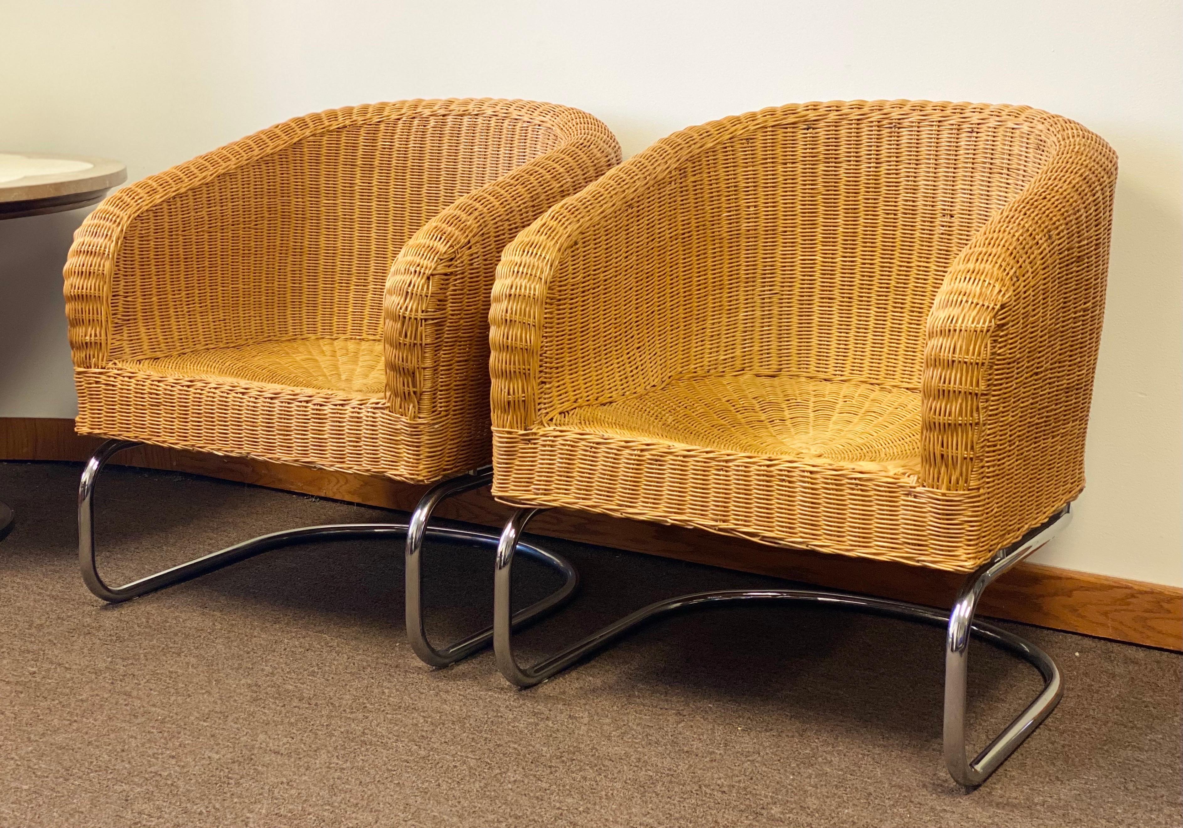 1960s Mid-Century Modern Wicker and Chrome Cantilever Barrel Lounge Chairs In Good Condition In Farmington Hills, MI