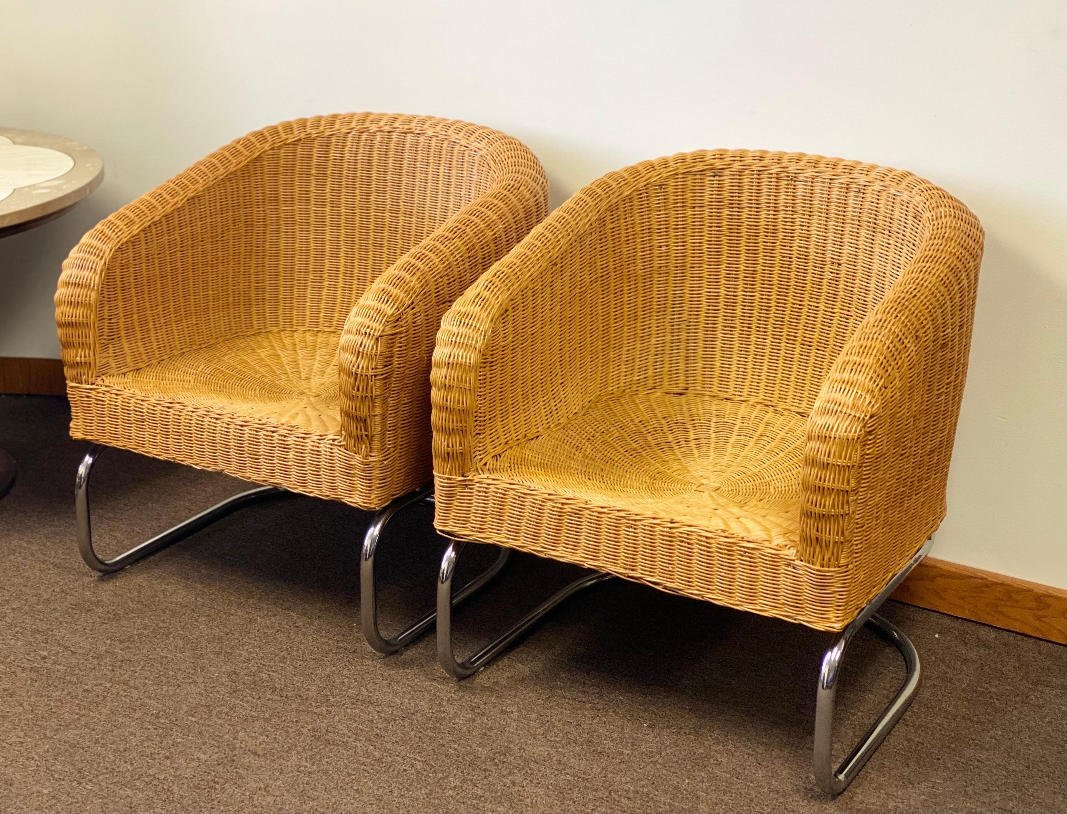 Mid-20th Century 1960s Mid-Century Modern Wicker and Chrome Cantilever Barrel Lounge Chairs