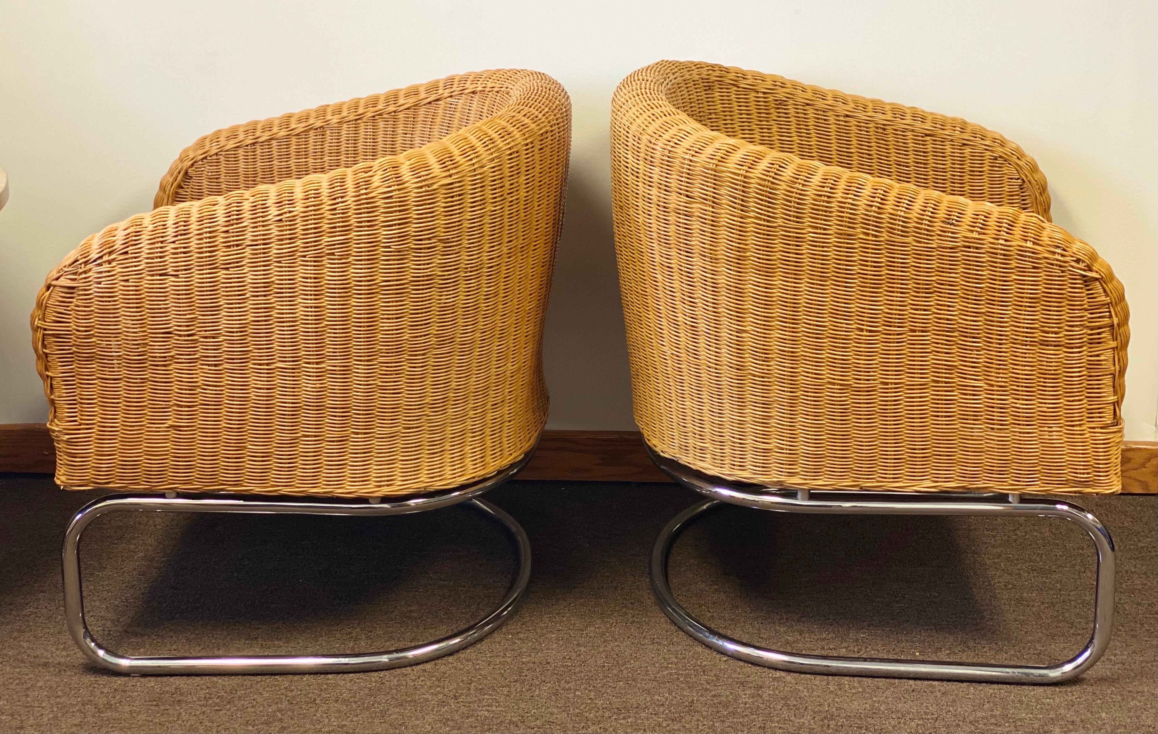 1960s Mid-Century Modern Wicker and Chrome Cantilever Barrel Lounge Chairs 1