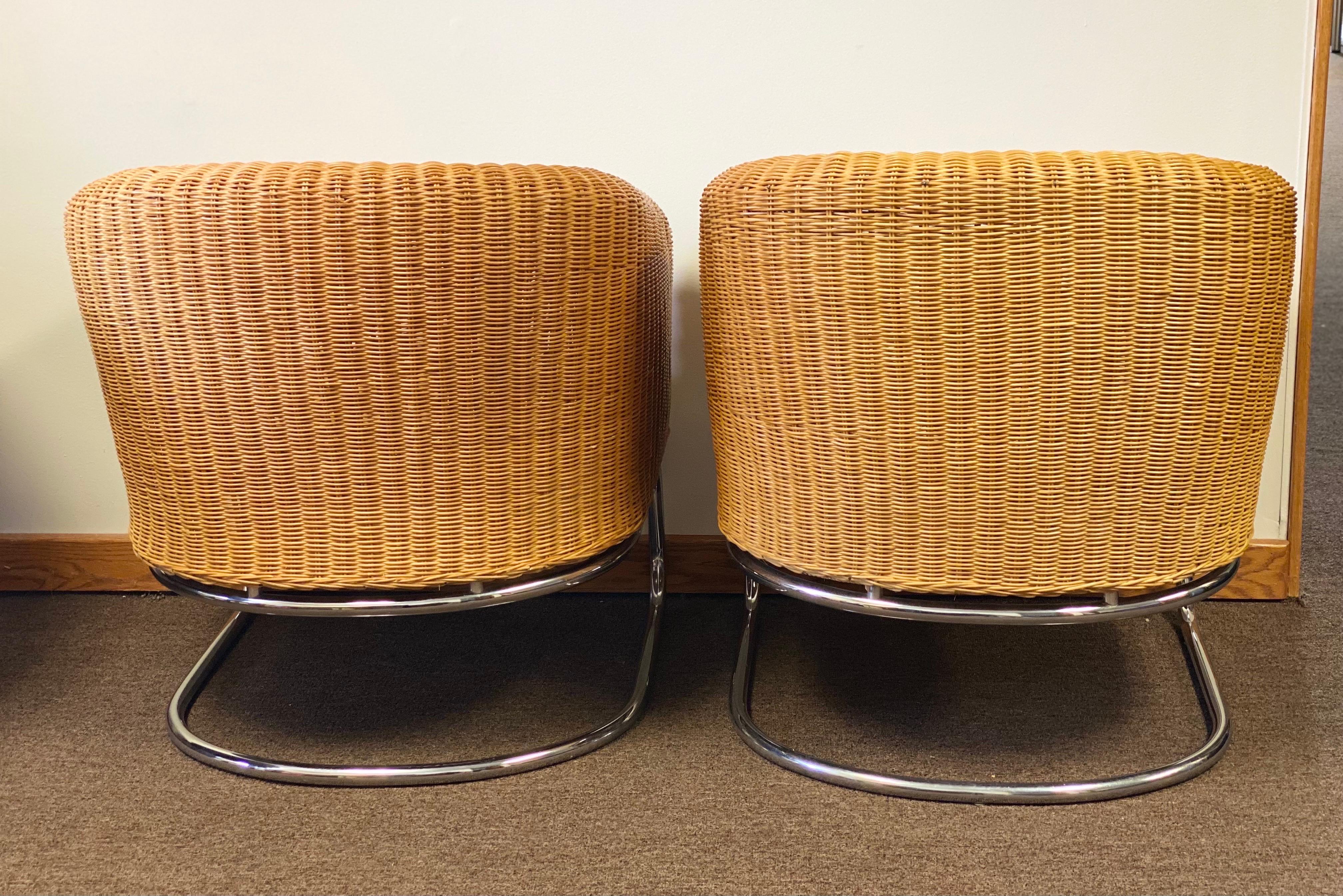 1960s Mid-Century Modern Wicker and Chrome Cantilever Barrel Lounge Chairs 2