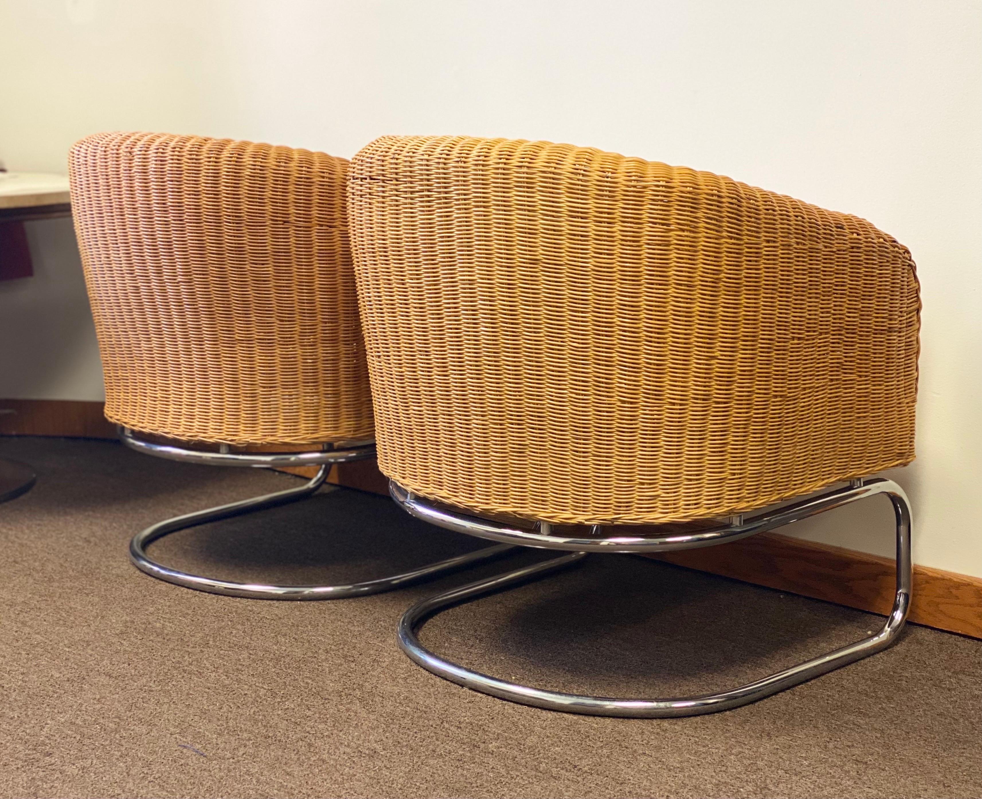1960s Mid-Century Modern Wicker and Chrome Cantilever Barrel Lounge Chairs 3