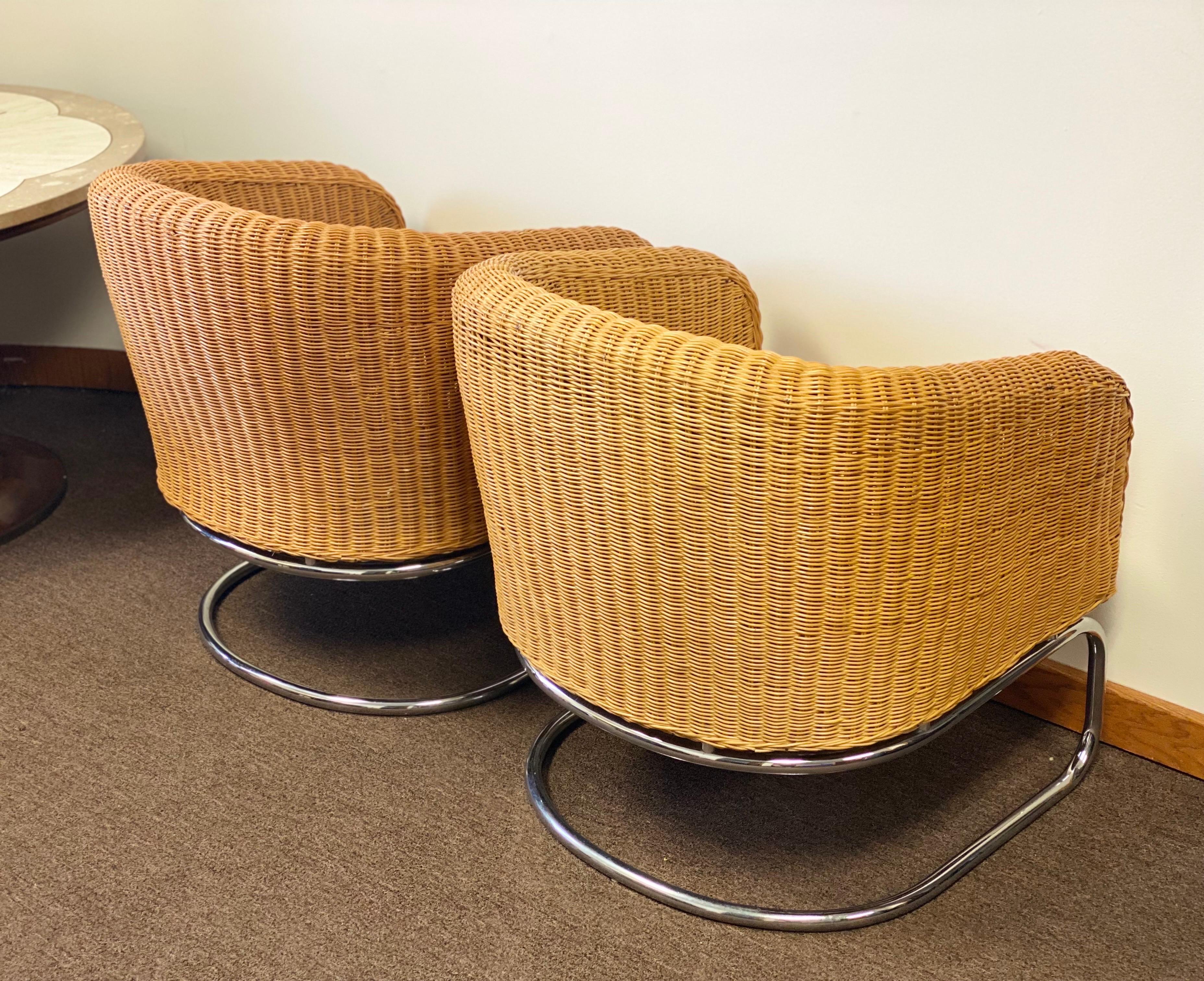 1960s Mid-Century Modern Wicker and Chrome Cantilever Barrel Lounge Chairs 4