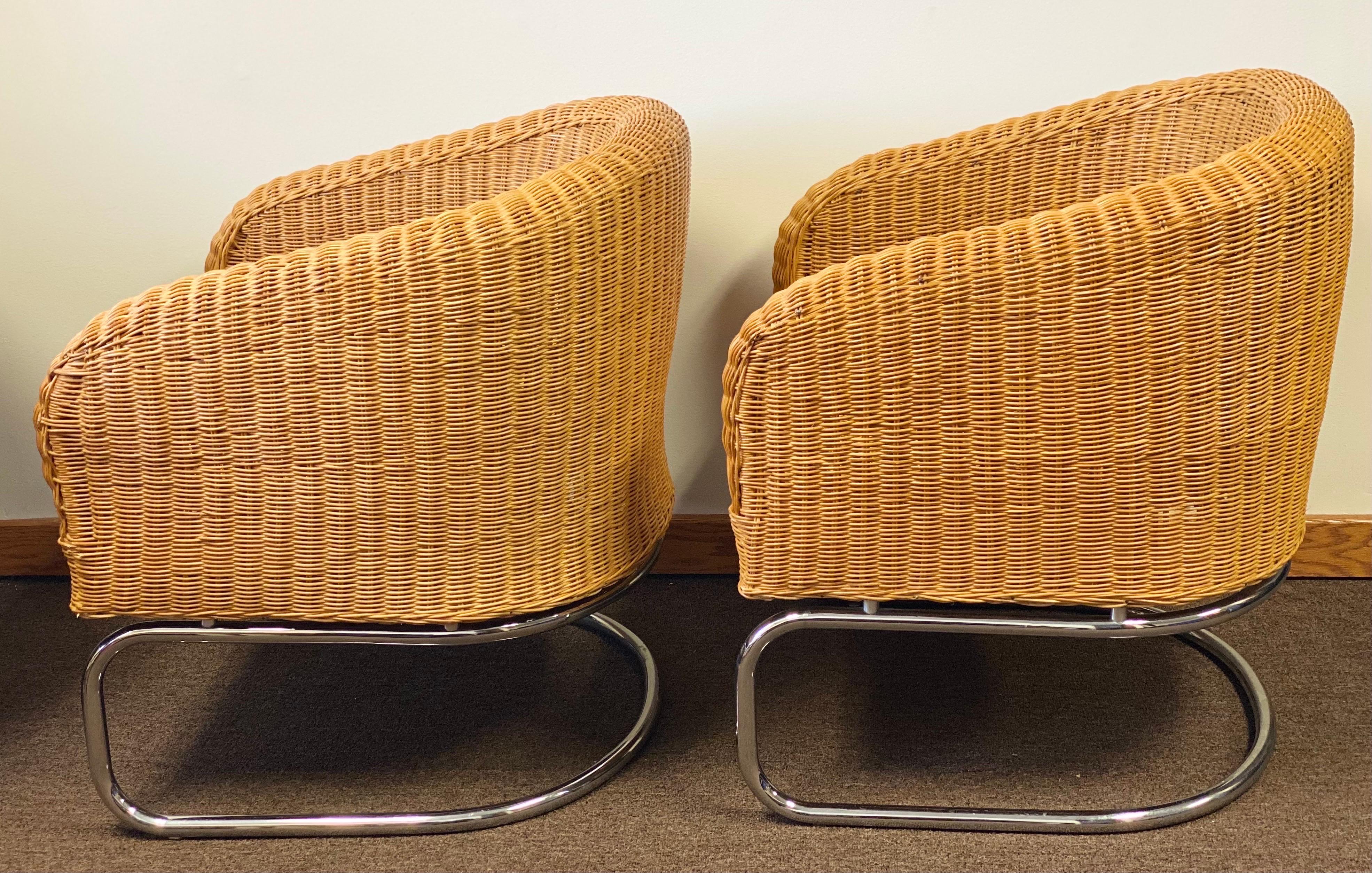 1960s Mid-Century Modern Wicker and Chrome Cantilever Barrel Lounge Chairs 5