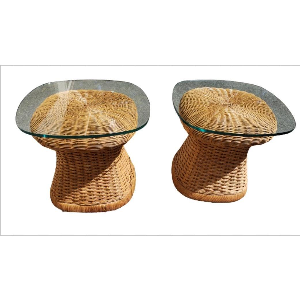 Bauhaus 1960s Mid-Century Modern Wicker Side Tables With Tempered Glass Tops, a Pair For Sale