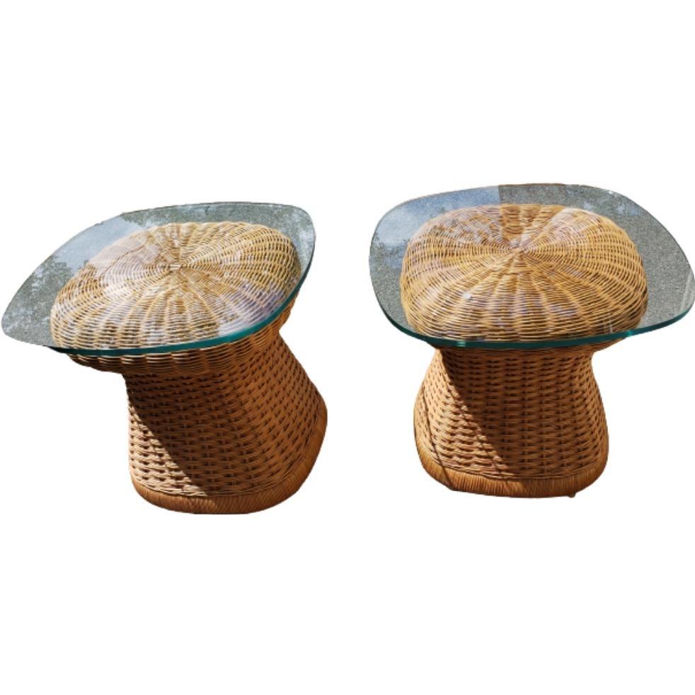 Spanish 1960s Mid-Century Modern Wicker Side Tables With Tempered Glass Tops, a Pair For Sale