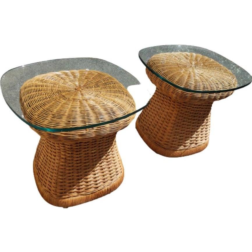 1960s Mid-Century Modern Wicker Side Tables With Tempered Glass Tops, a Pair In Good Condition For Sale In Germantown, MD