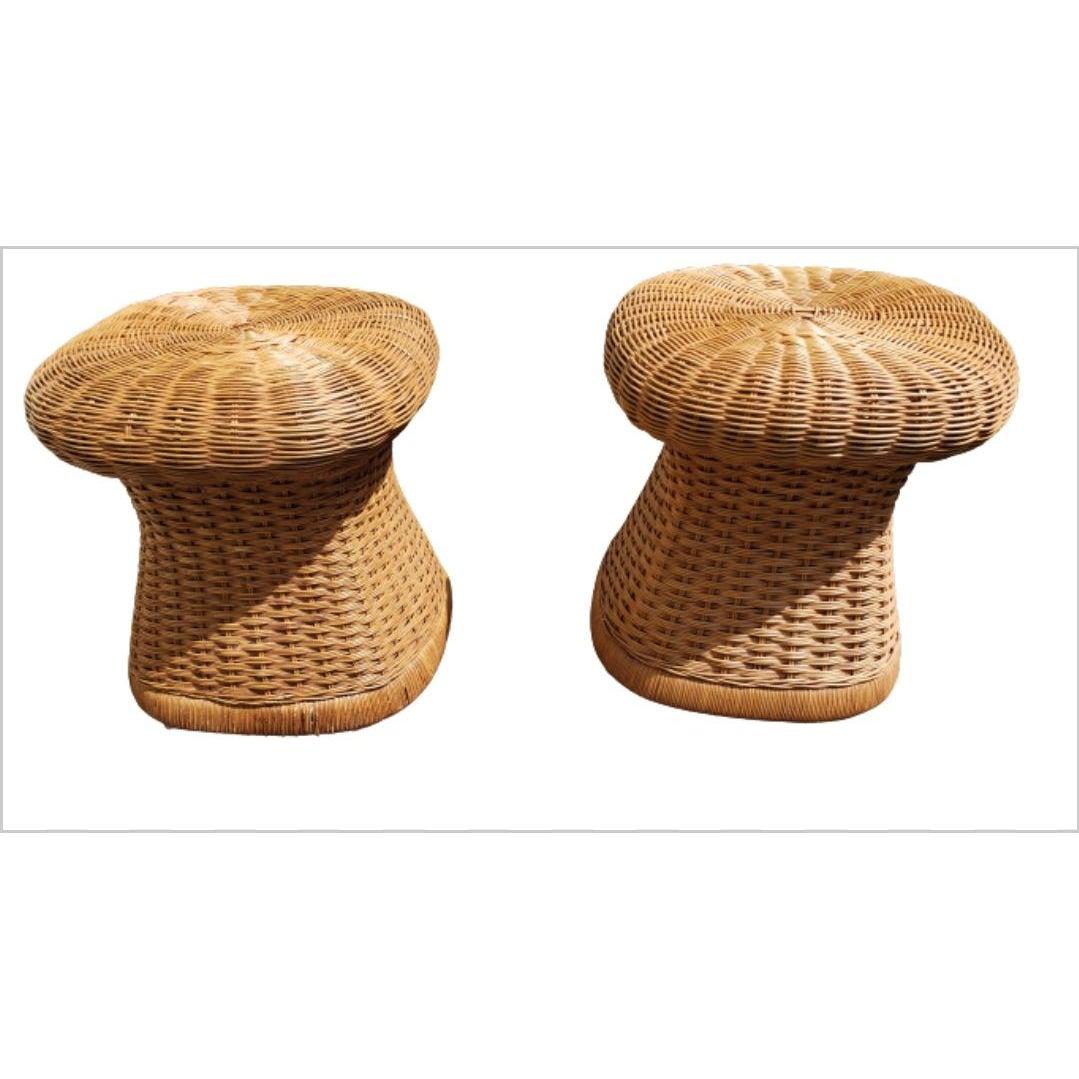 20th Century 1960s Mid-Century Modern Wicker Side Tables With Tempered Glass Tops, a Pair For Sale