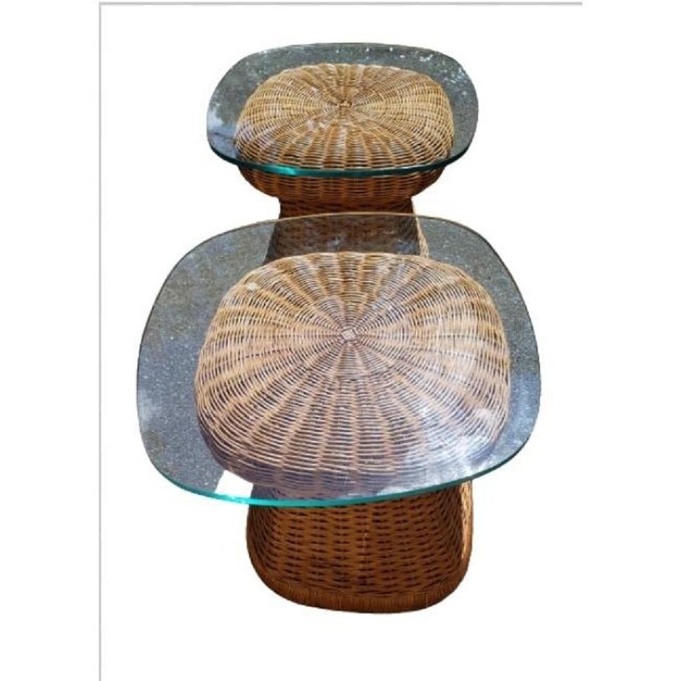 1960s Mid-Century Modern Wicker Side Tables With Tempered Glass Tops, a Pair For Sale 1