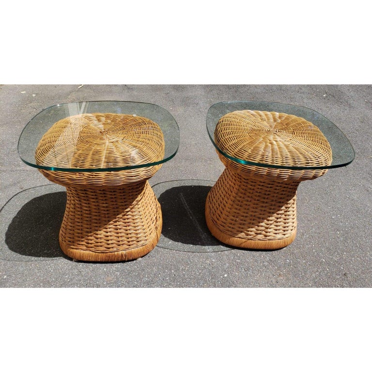 1960s MidCentury Modern Wicker Side Tables With Tempered Glass Tops, a