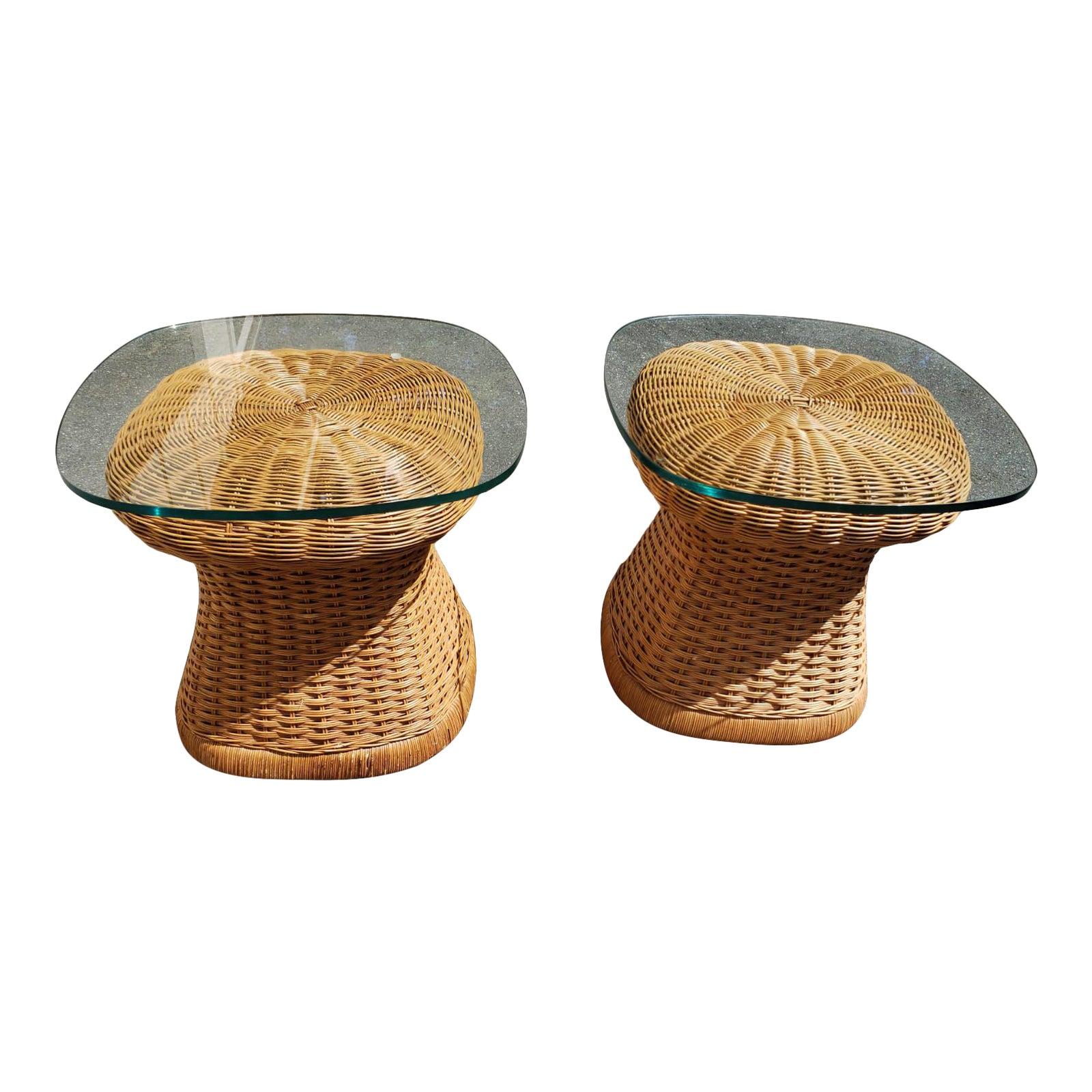 1960s Mid-Century Modern Wicker Side Tables With Tempered Glass Tops, a Pair