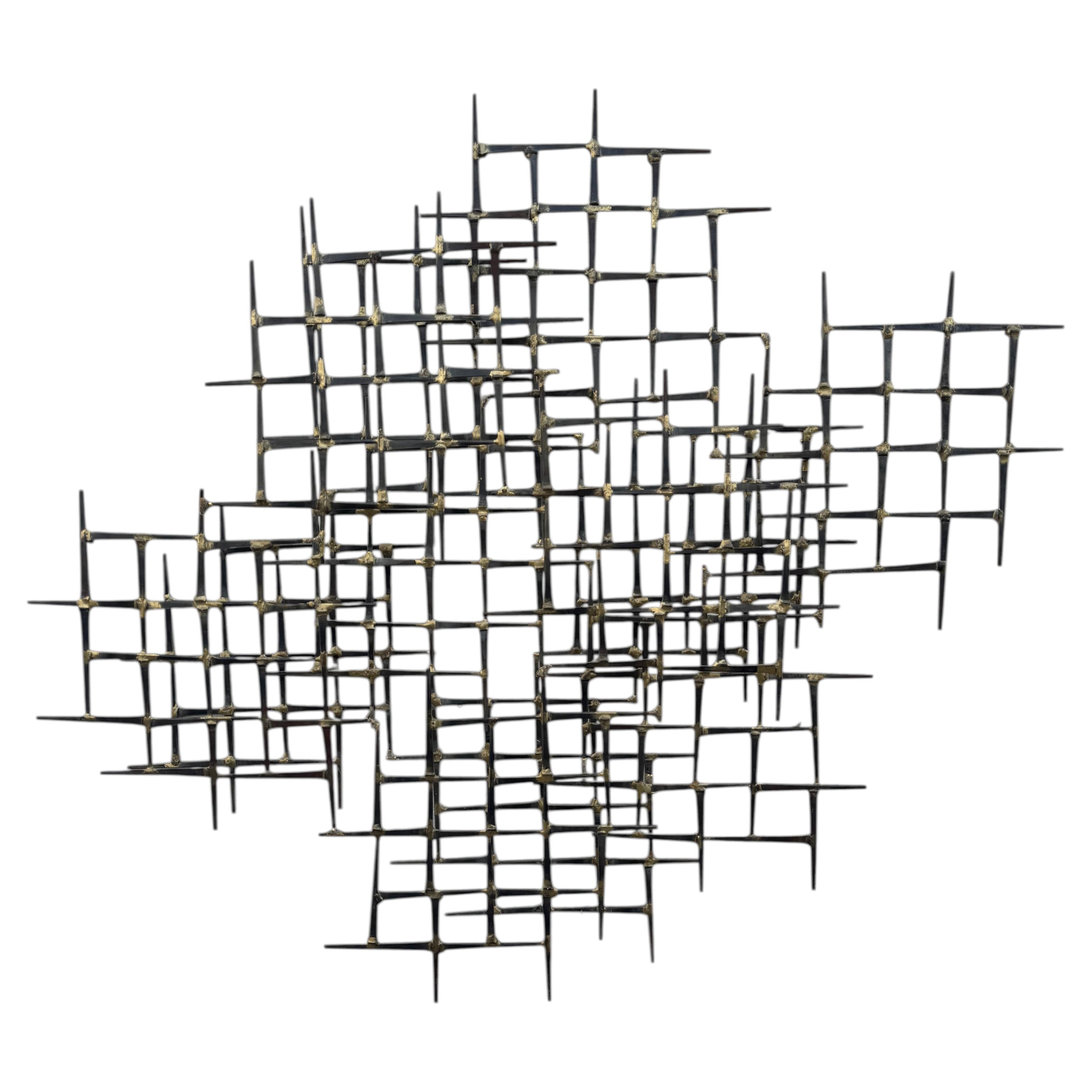 1960s Mid-Century Modern William Bowie Brutalist Nail Geometric Wall Sculpture For Sale