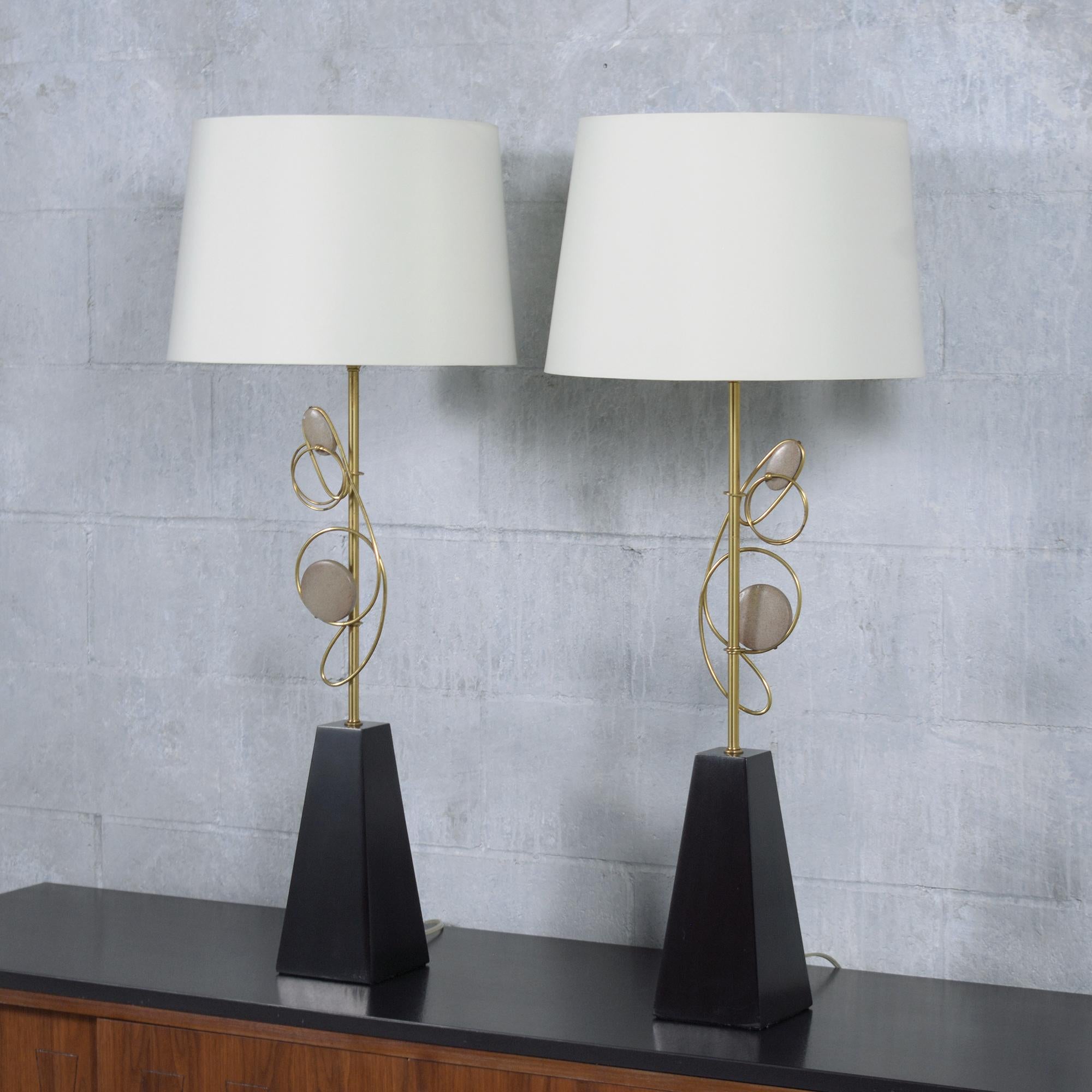 American 1960s Mid-Century Modern Wood & Brass Table Lamps with Fabric Shades