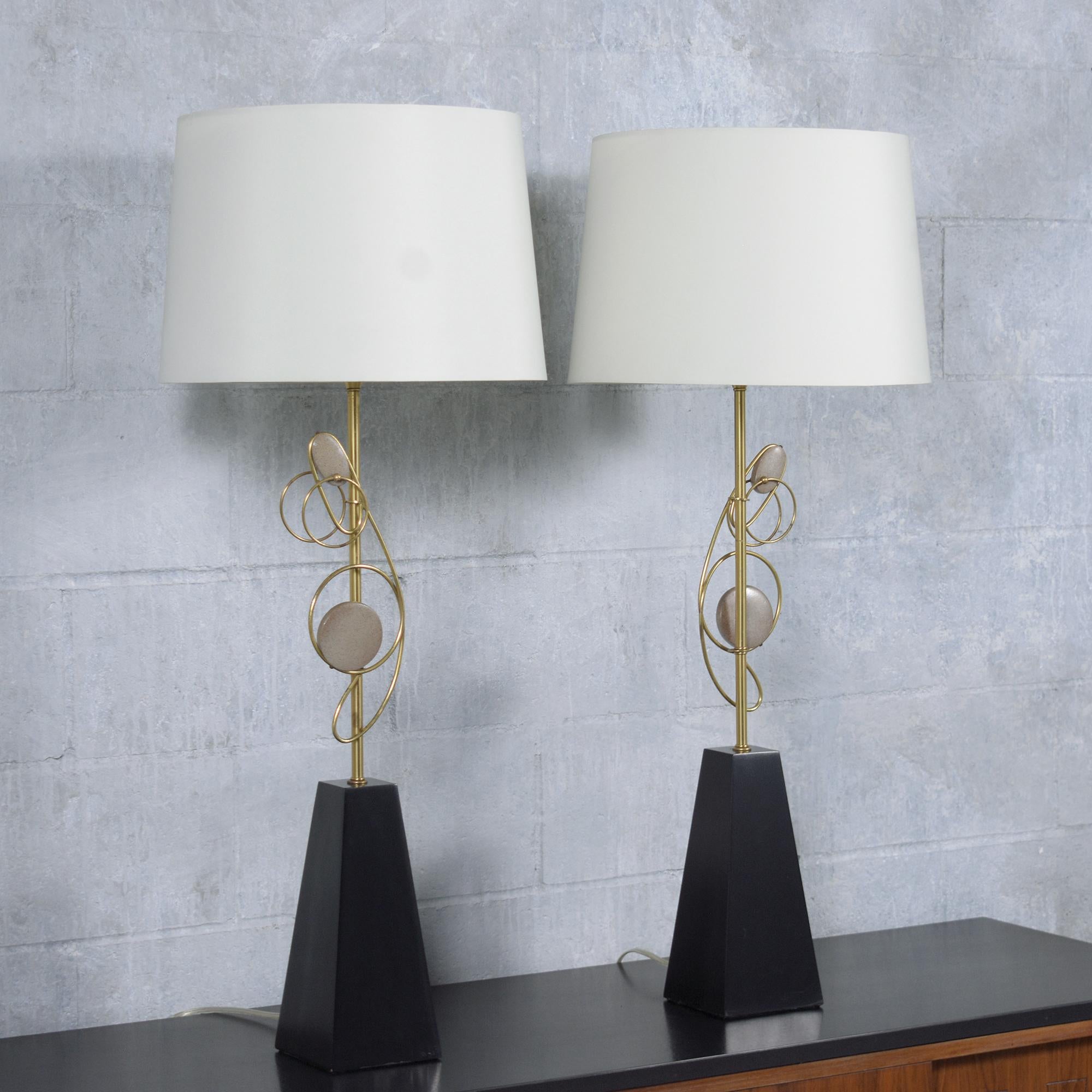 Stained 1960s Mid-Century Modern Wood & Brass Table Lamps with Fabric Shades