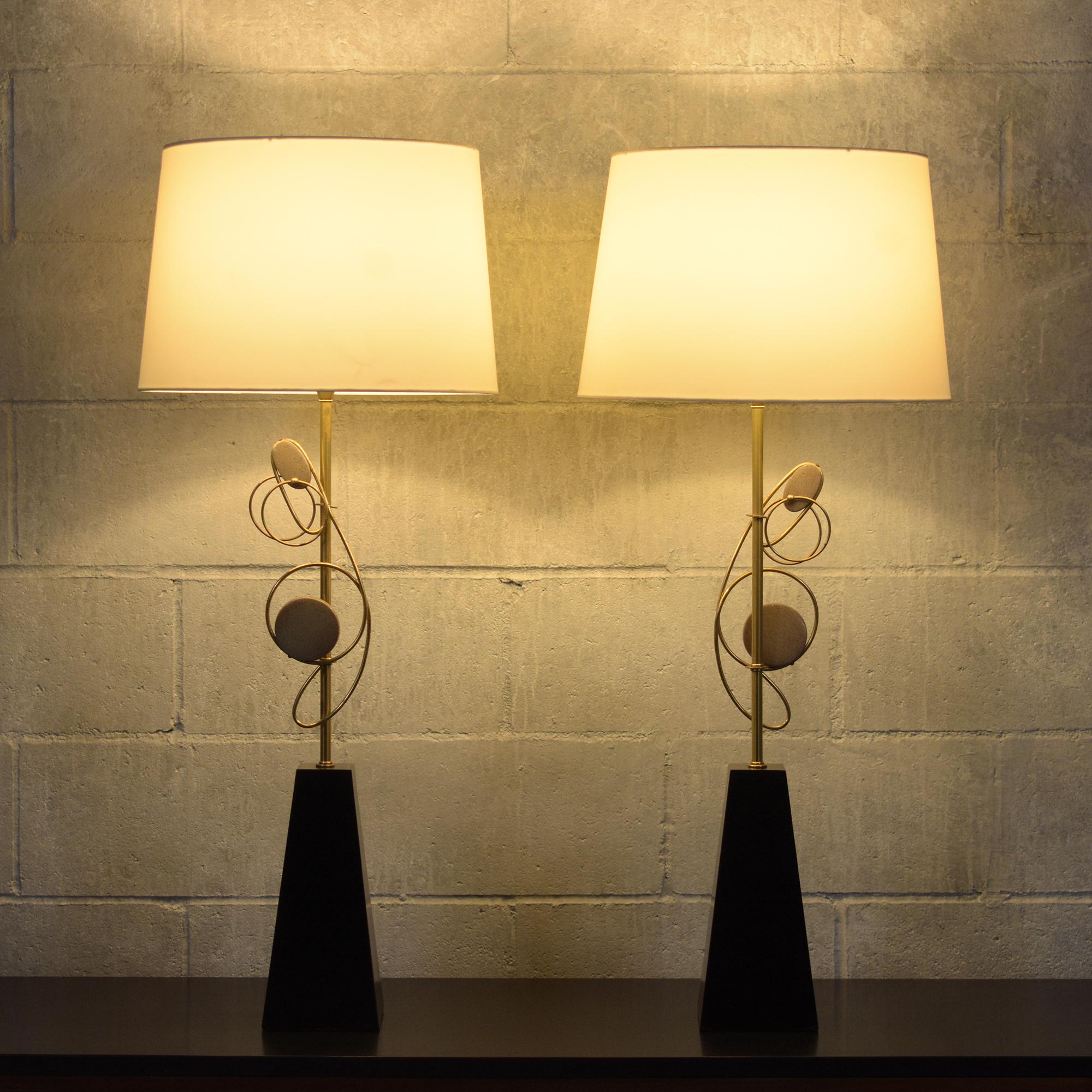 1960s Mid-Century Modern Wood & Brass Table Lamps with Fabric Shades In Good Condition In Los Angeles, CA