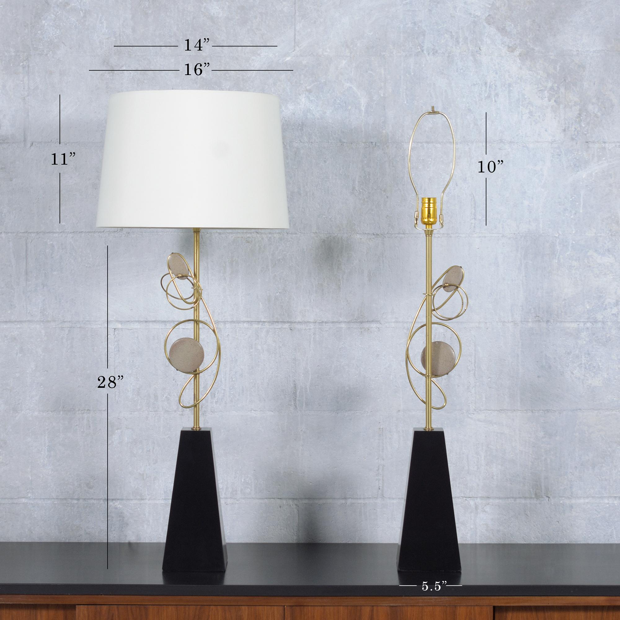 Mid-20th Century 1960s Mid-Century Modern Wood & Brass Table Lamps with Fabric Shades