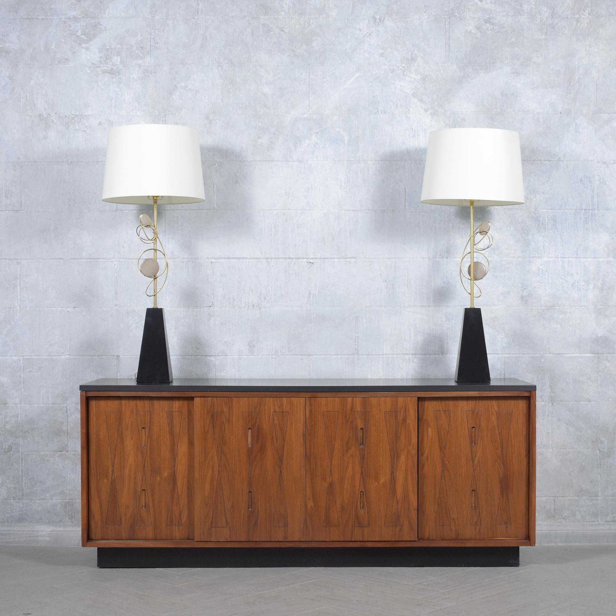 1960s Mid-Century Modern Wood & Brass Table Lamps with Fabric Shades 1