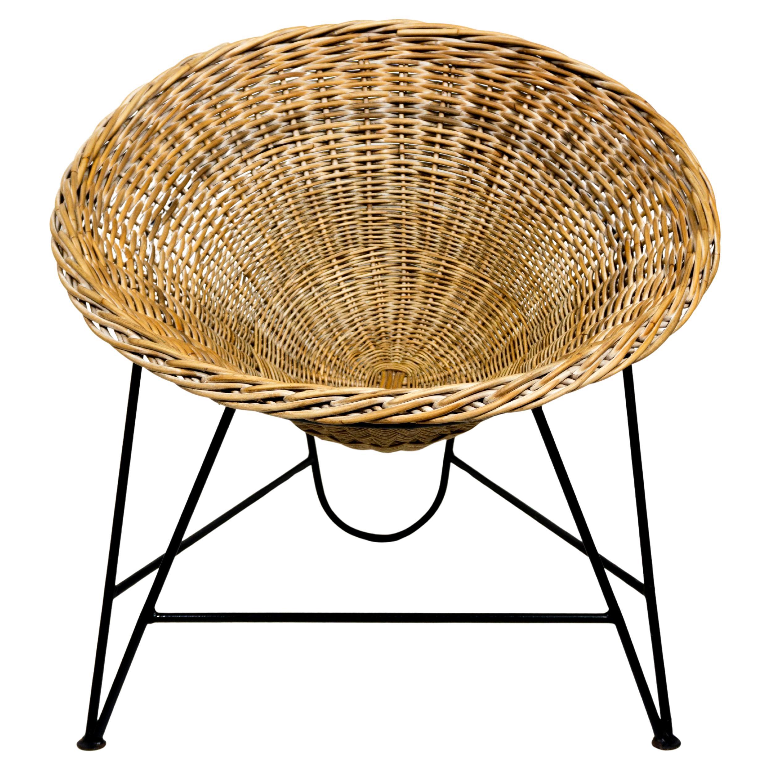 1960s Mid-Century Modern Woven Rattan Wicker Basket Chair with Iron Base