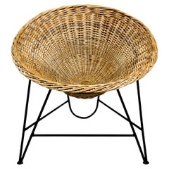 1960s Mid-Century Modern Woven Rattan Wicker Basket Chair with Iron Base
