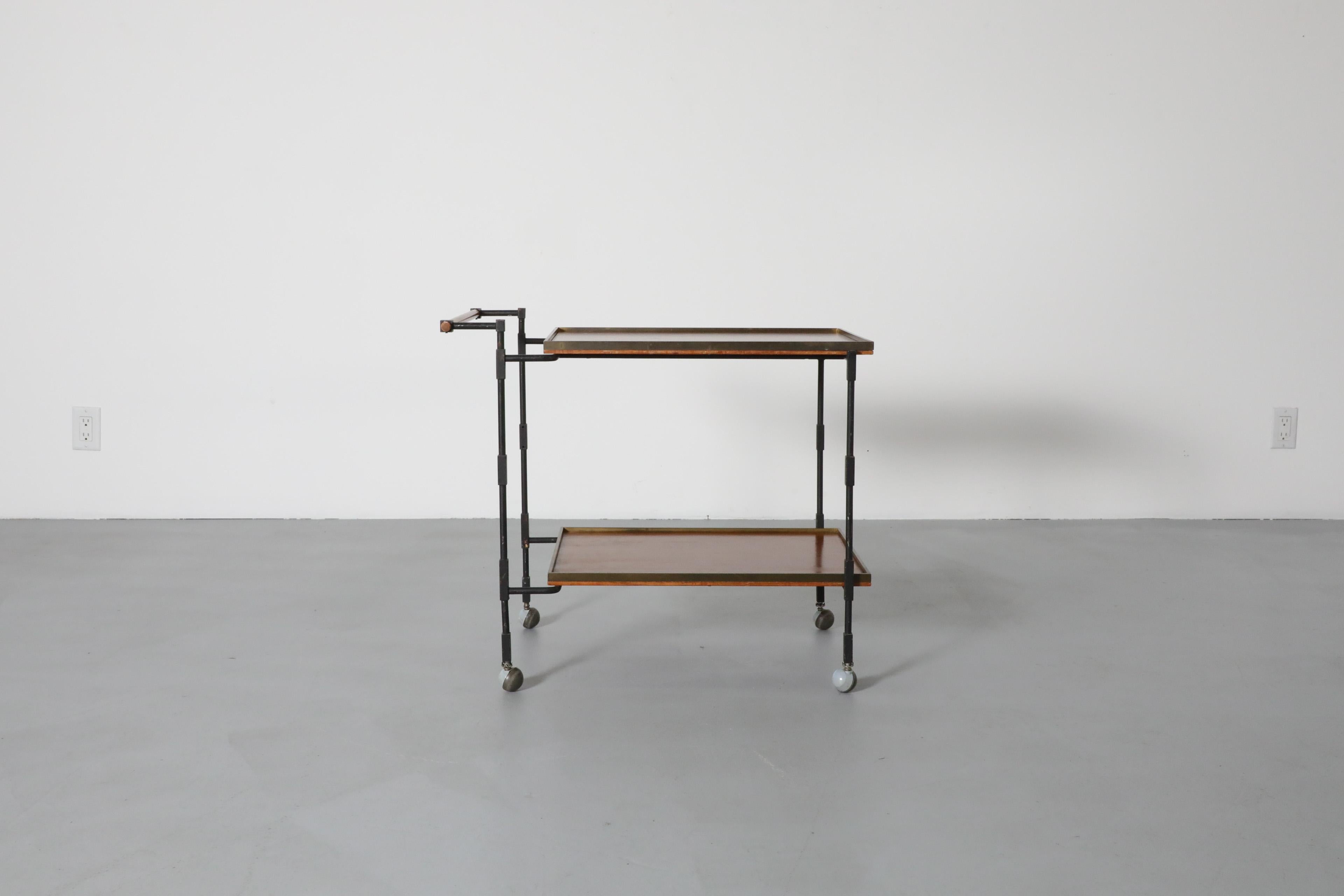 German 1960's, Mid-Century Modernist Teak, Iron, and Brass Rolling Cart by Ilse Möbel For Sale