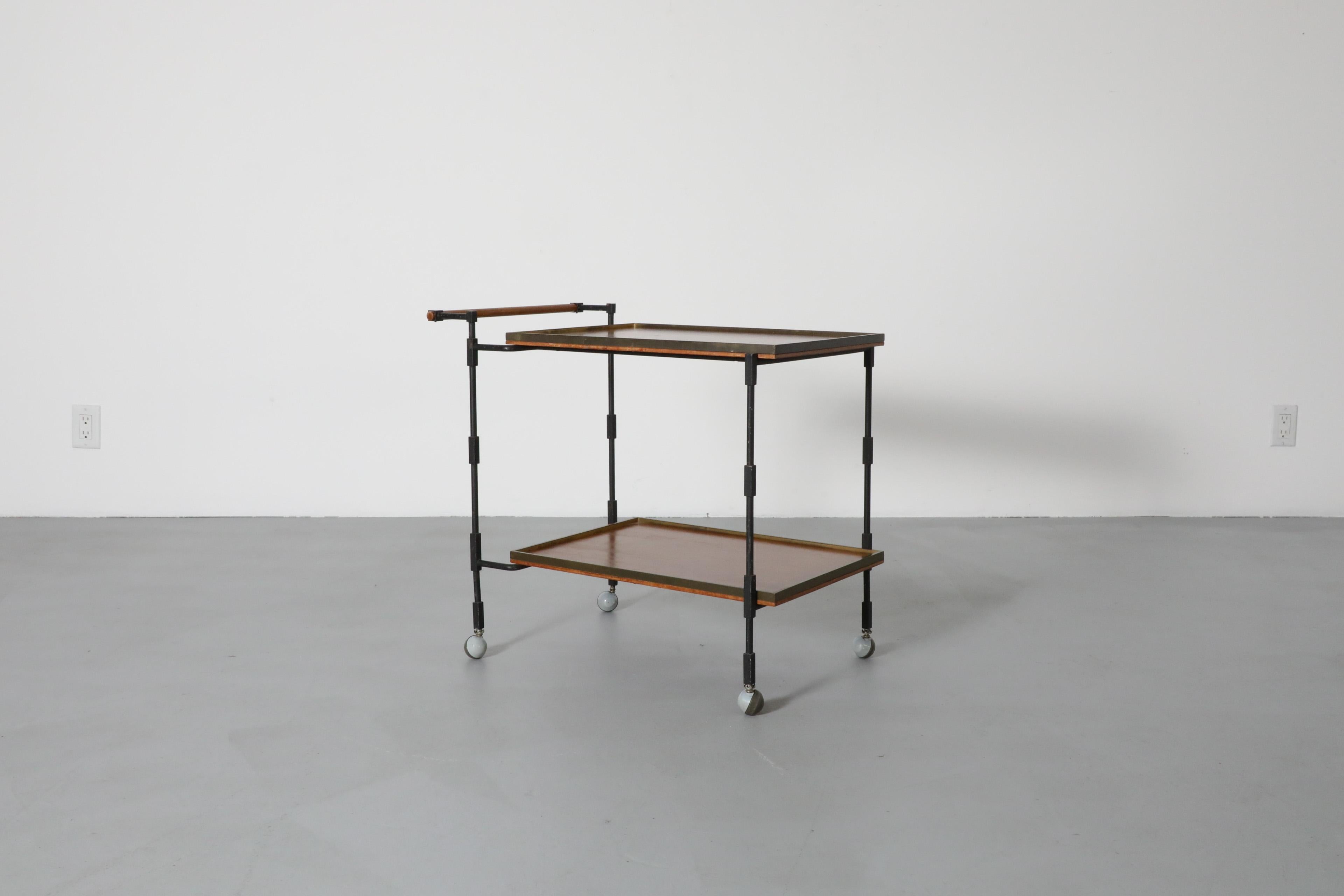1960's, Mid-Century Modernist Teak, Iron, and Brass Rolling Cart by Ilse Möbel In Good Condition For Sale In Los Angeles, CA