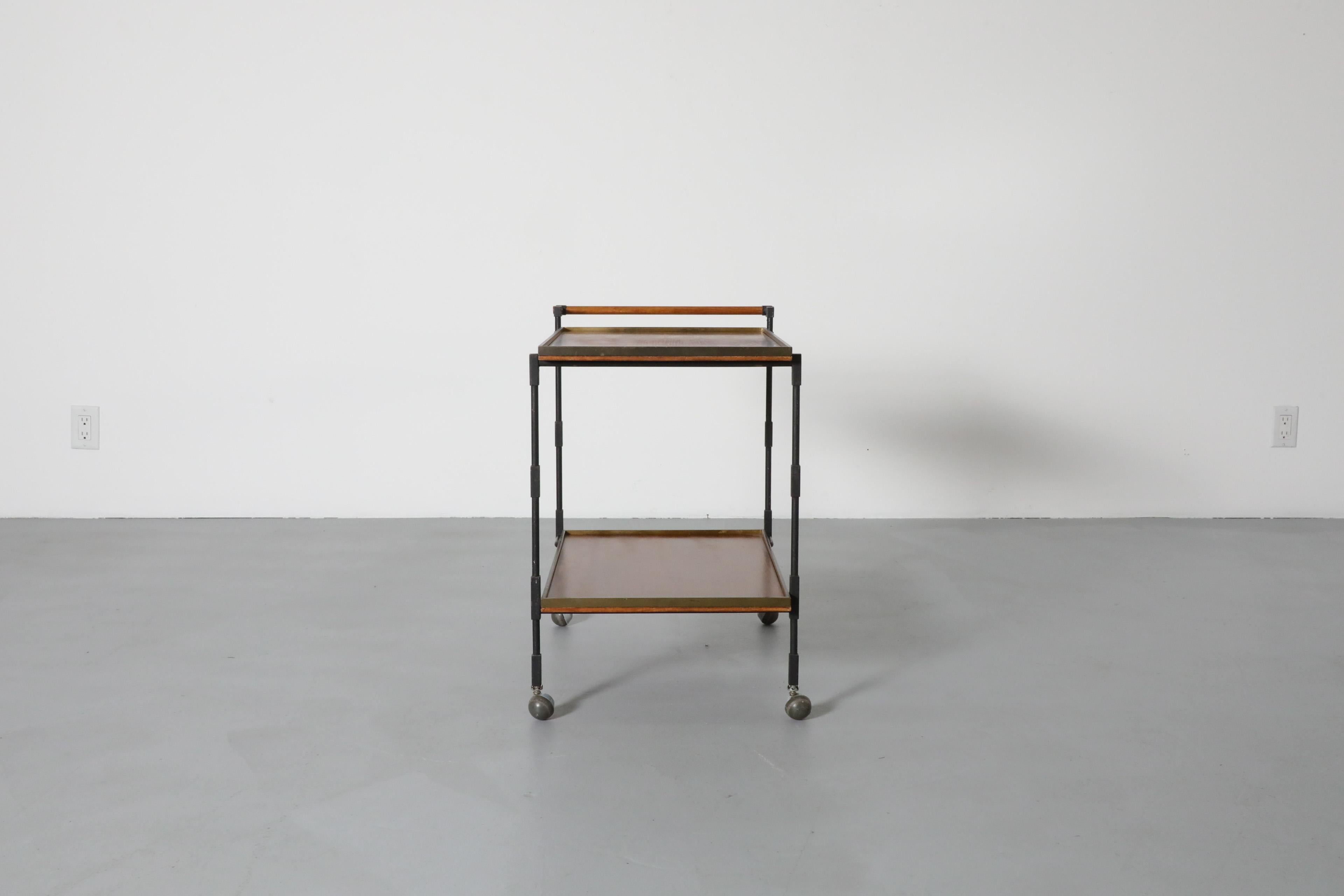 Mid-20th Century 1960's, Mid-Century Modernist Teak, Iron, and Brass Rolling Cart by Ilse Möbel For Sale