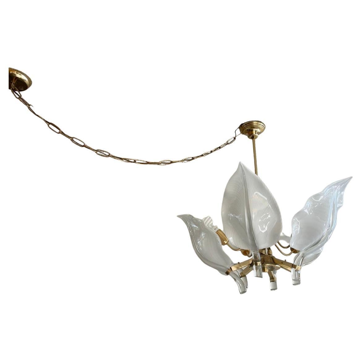 1960s Mid Century Murano Glass and Brass Frame Six Leaf Chandelier For Sale