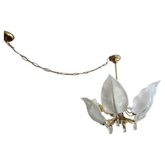 1960s Mid Century Murano Glass and Brass Frame Six Leaf Chandelier