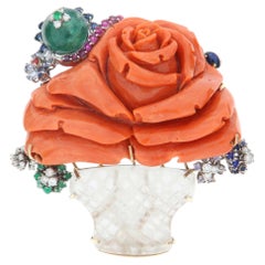 1960s Mid-Century Natural Diamond Coral Ruby Crystal Emerald 18K Gold Brooch (Broche en or 18K)