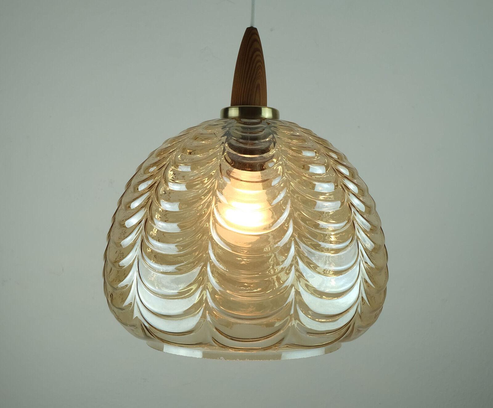 1960's mid century PENDANT LIGHT amber glass brass wood For Sale 3