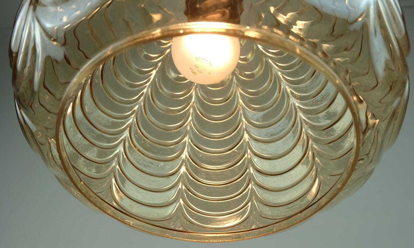 German 1960's mid century PENDANT LIGHT amber glass brass wood For Sale