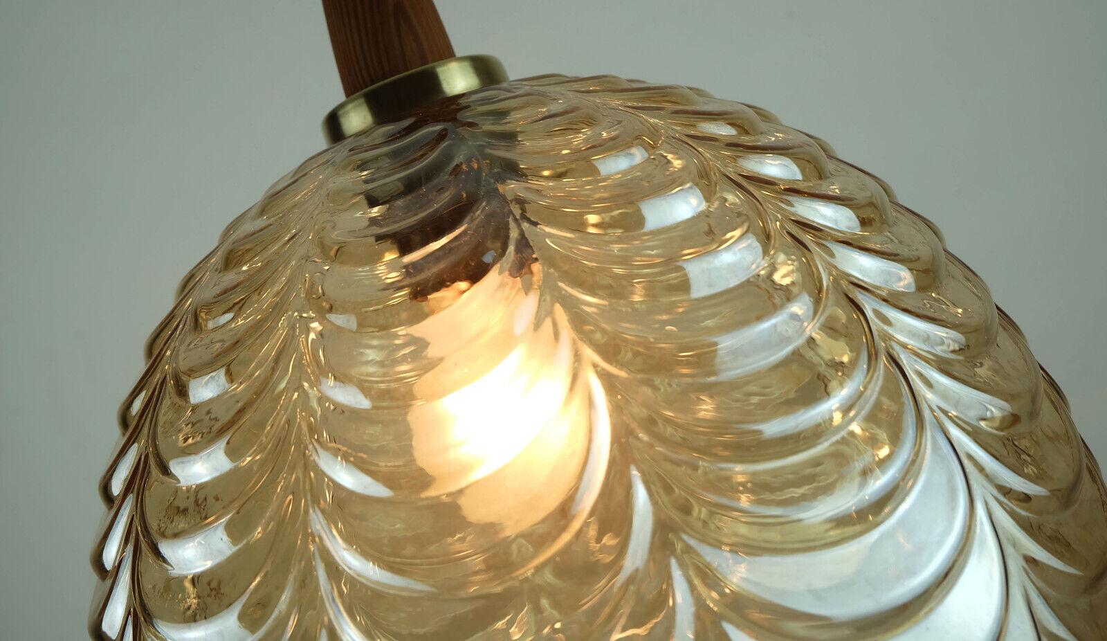 Glass 1960's mid century PENDANT LIGHT amber glass brass wood For Sale