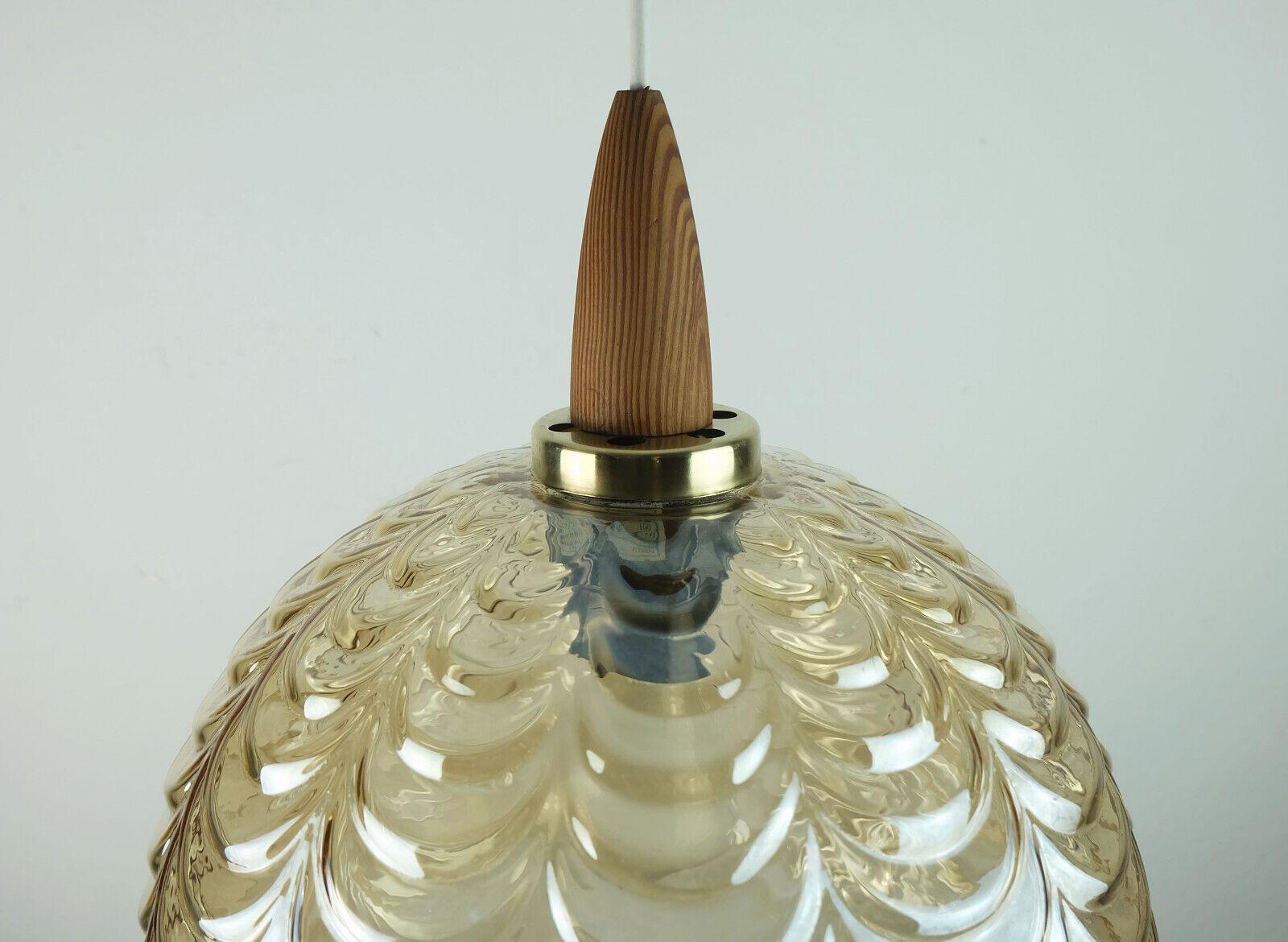 1960's mid century PENDANT LIGHT amber glass brass wood For Sale 1