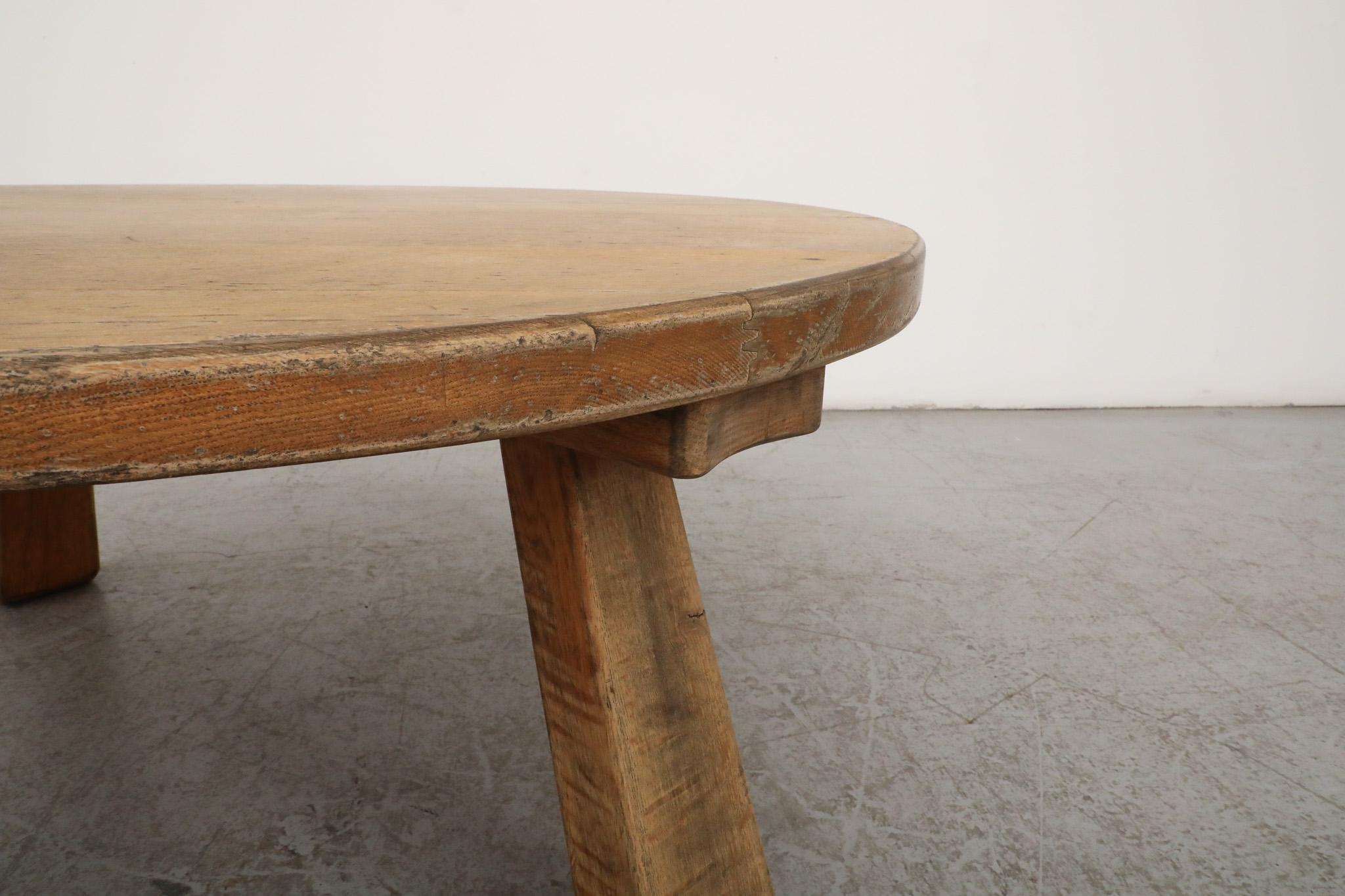 1960s, Mid-Century Pierre Chapo inspired Round Brutalist Oak Coffee Table 4