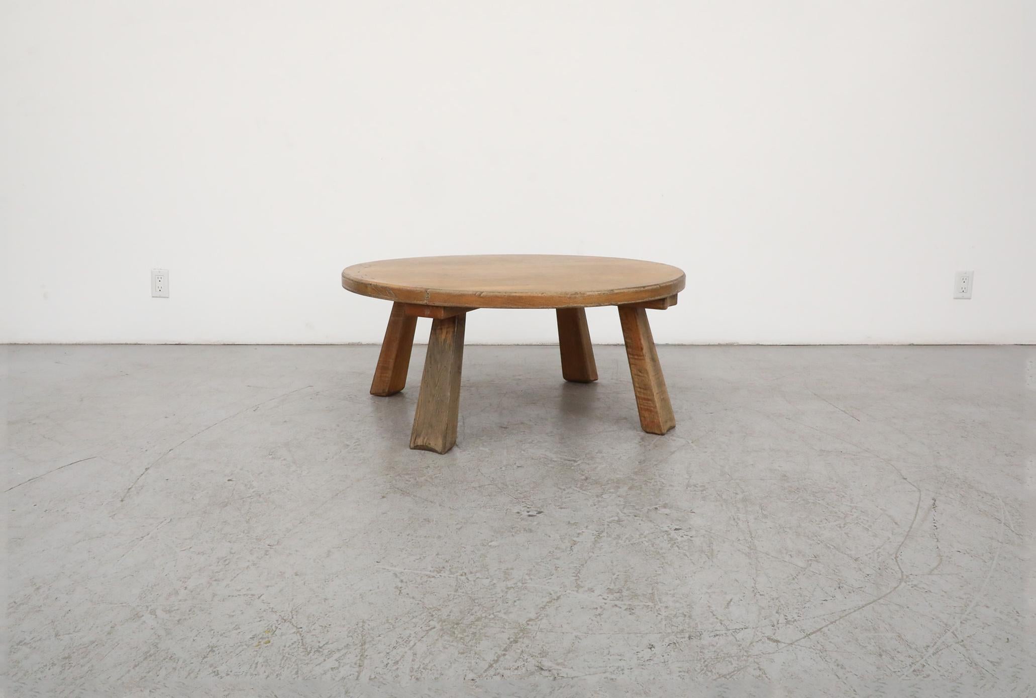 Mid-Century Modern 1960s, Mid-Century Pierre Chapo inspired Round Brutalist Oak Coffee Table
