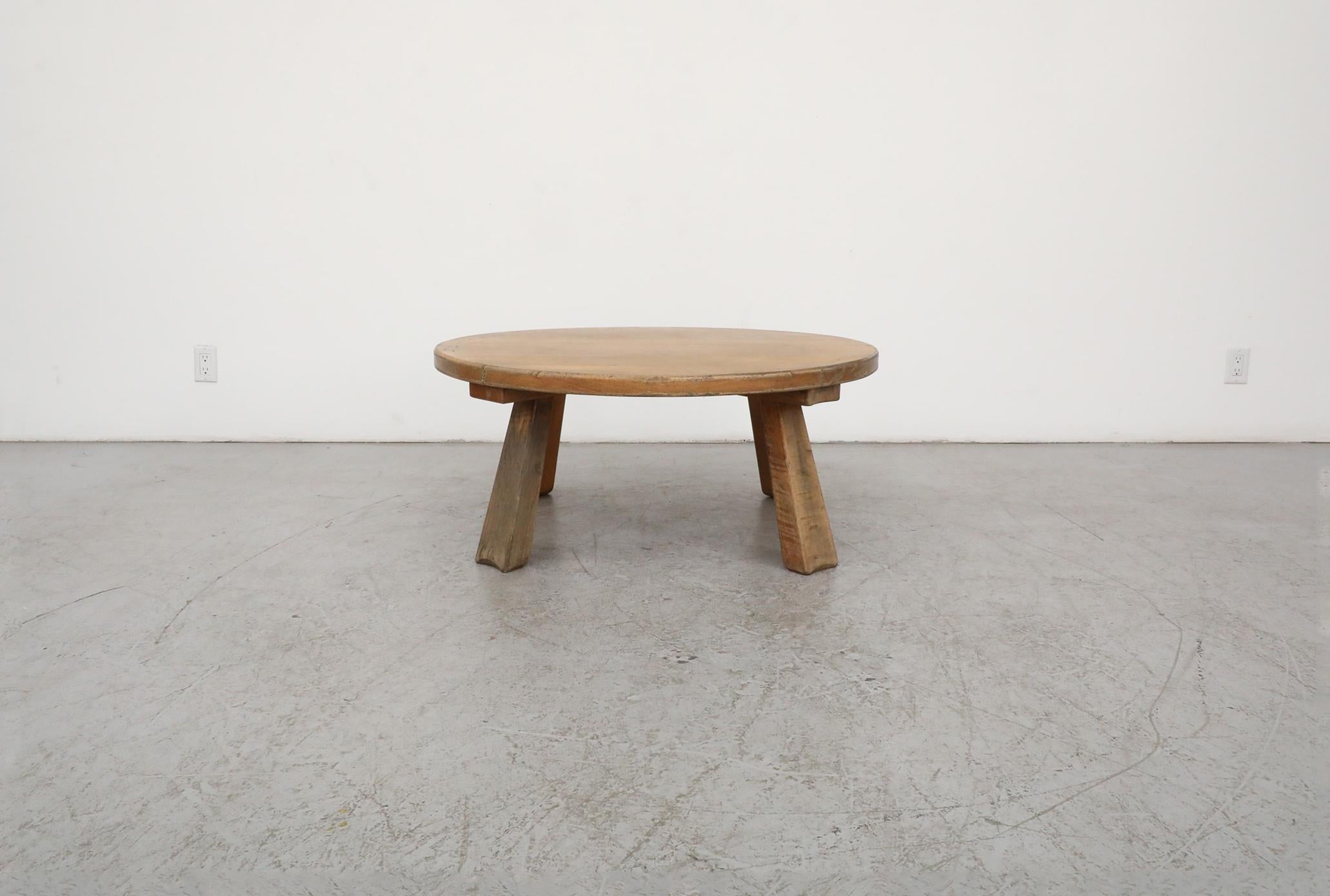 Dutch 1960s, Mid-Century Pierre Chapo inspired Round Brutalist Oak Coffee Table