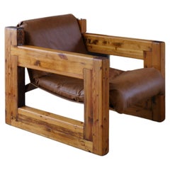 1960s Mid-Century Pinewood and Brown Leather Sling Chair