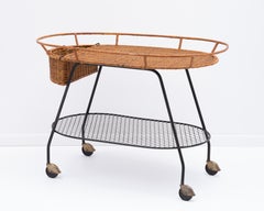 1960s Midcentury Rattan Iron Tea Cart Attributed Arthur Umanoff Unmarked
