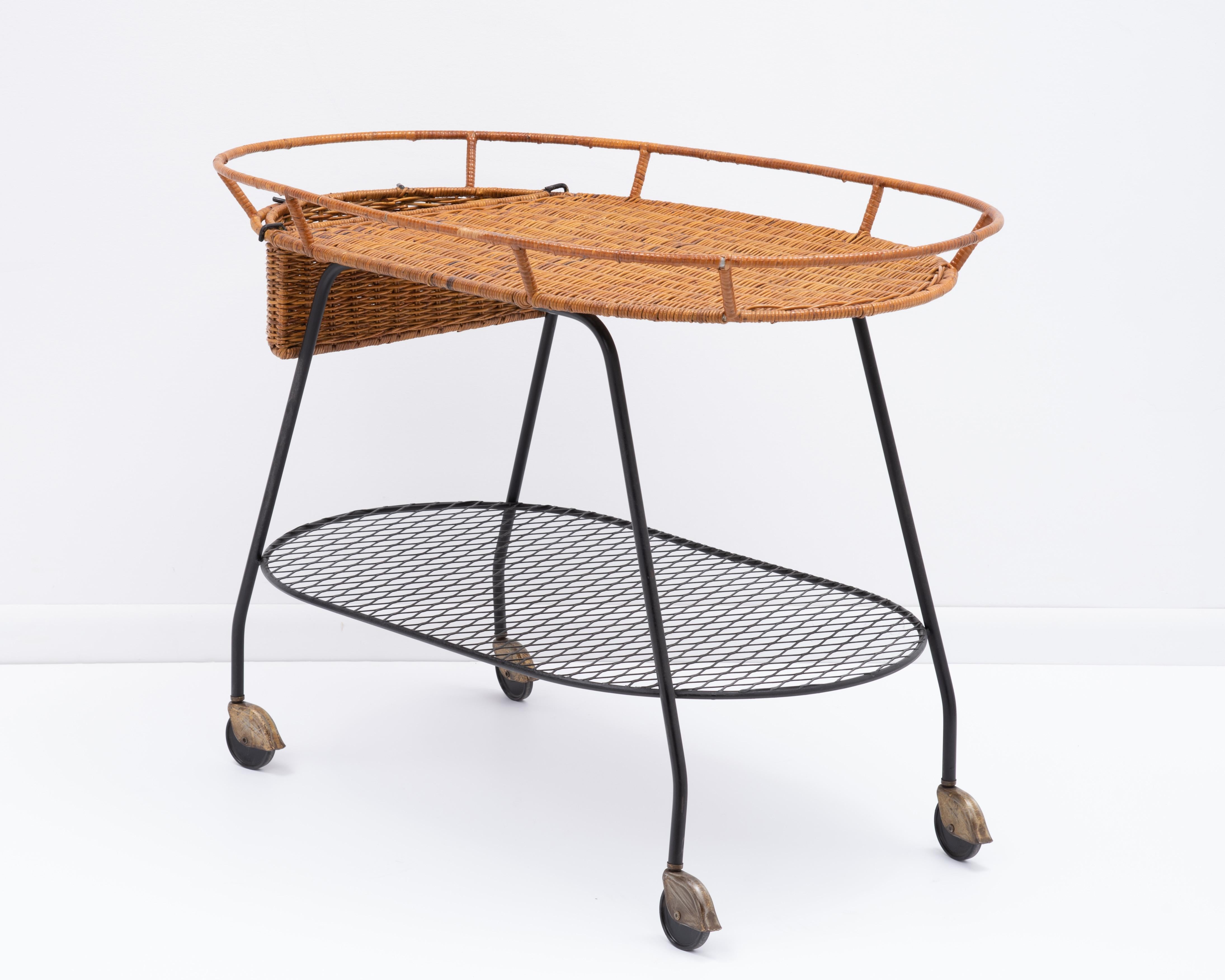 Mid-Century Modern 1960s Midcentury Rattan Iron Tea Cart Attributed Arthur Umanoff Unmarked For Sale