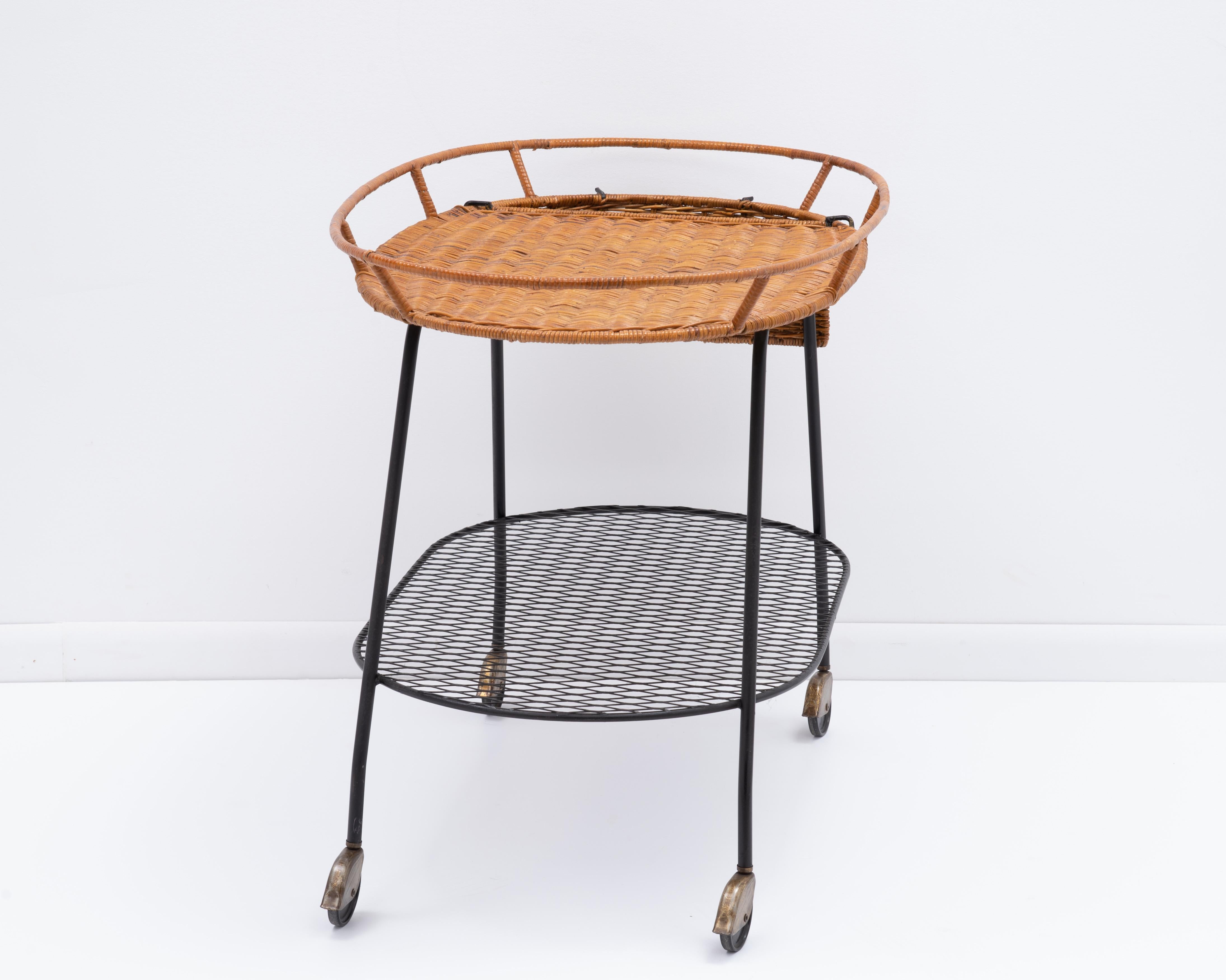 North American 1960s Midcentury Rattan Iron Tea Cart Attributed Arthur Umanoff Unmarked For Sale