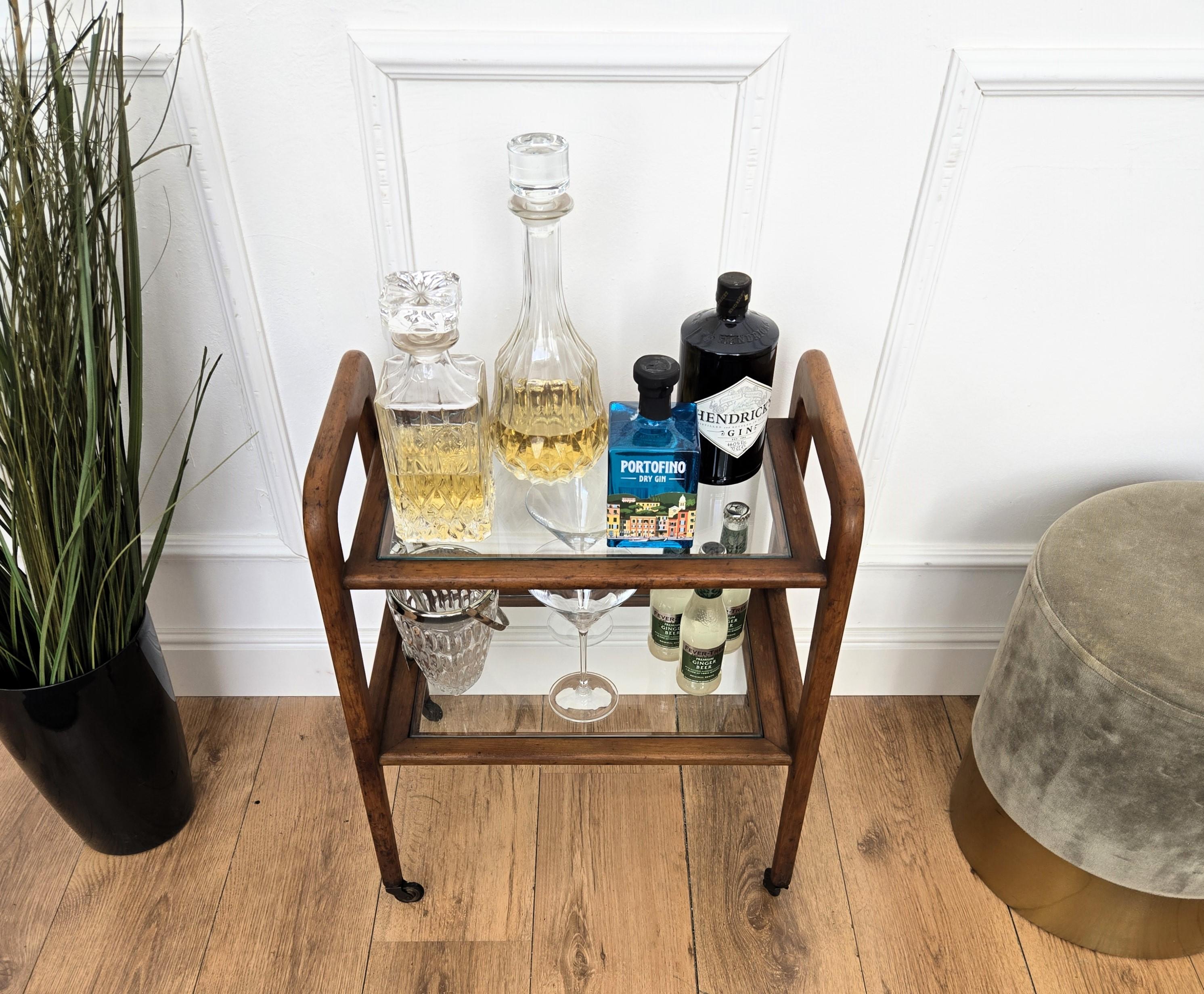 Art Deco 1960s Mid-Century Small Italian Wood and Brass Dry Bar Cabinet Liquor Cart For Sale