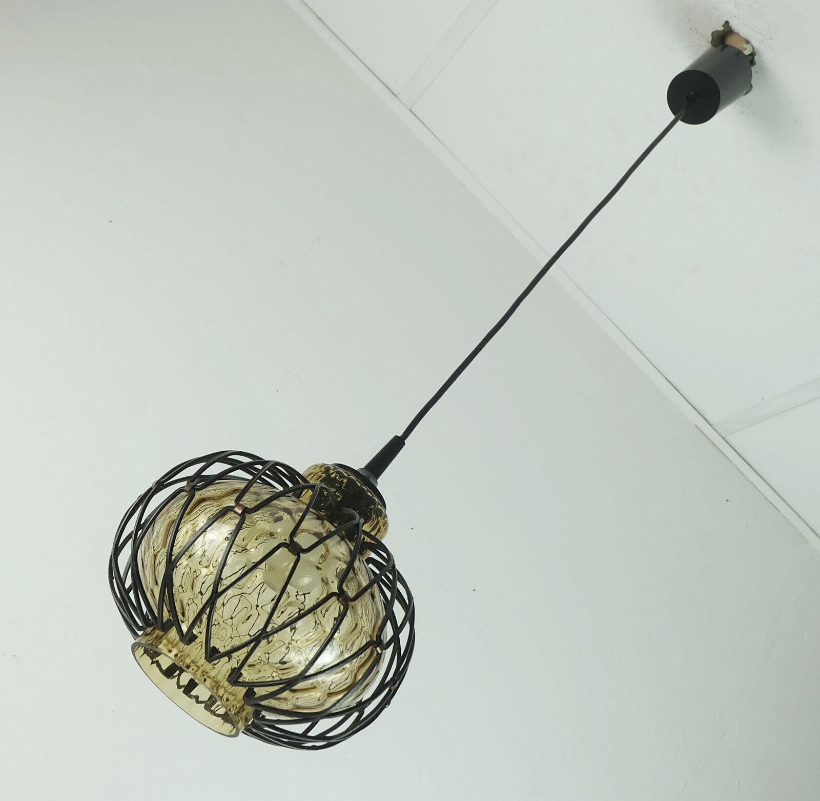 1960's mid century smoked glass PENDANT LIGHT with metal frame  For Sale 4