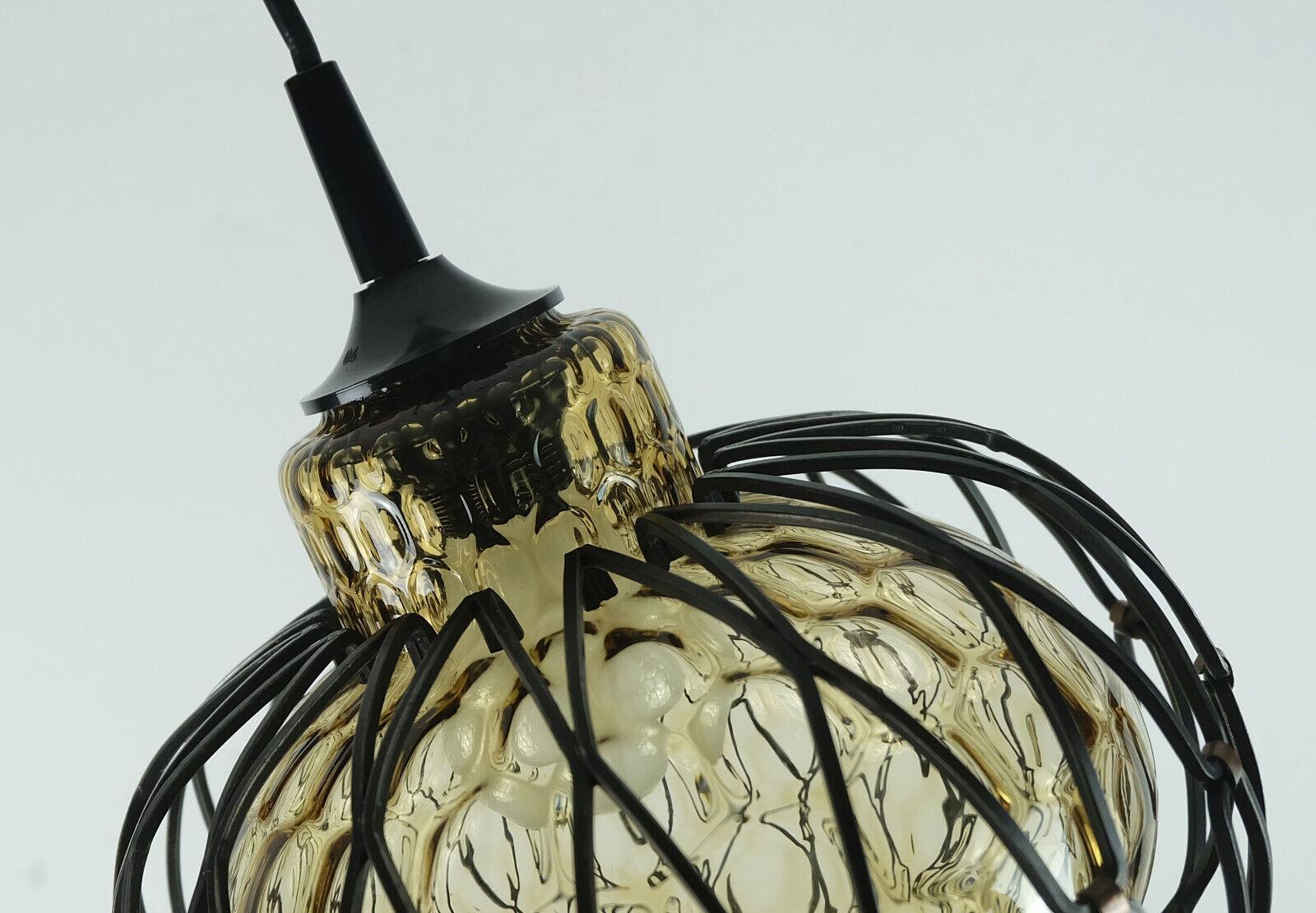1960's mid century smoked glass PENDANT LIGHT with metal frame  In Good Condition For Sale In Mannheim, DE