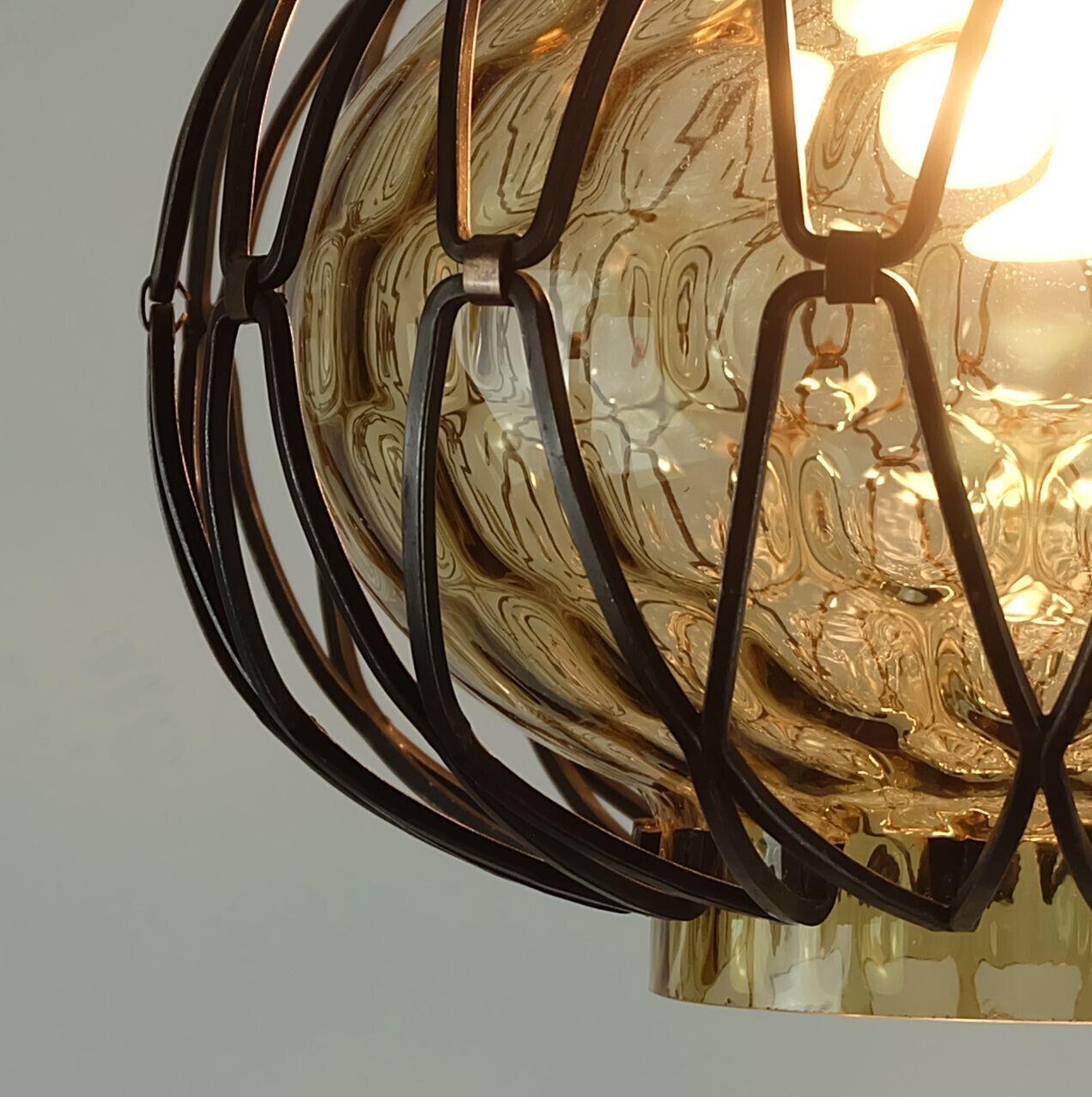1960's mid century smoked glass PENDANT LIGHT with metal frame  For Sale 3
