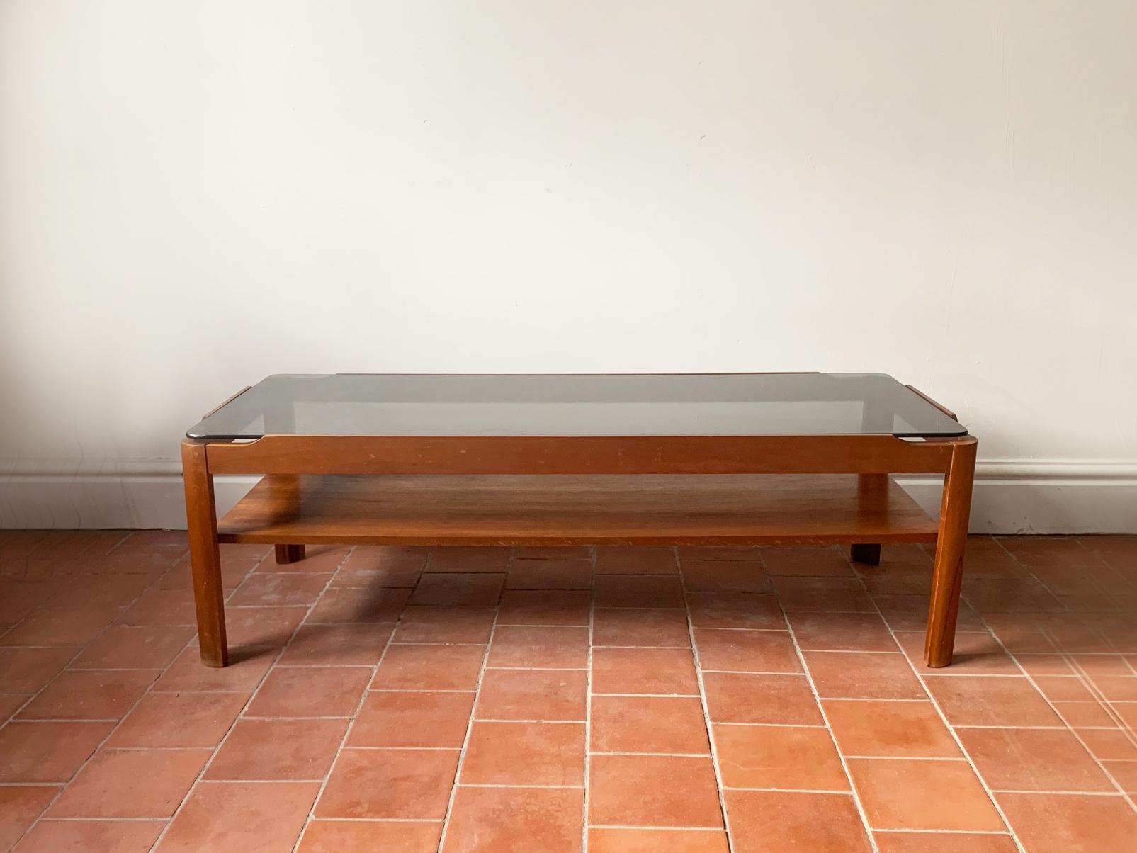 Smoked Glass 1960’s mid century solid teak coffee table by Myer For Sale