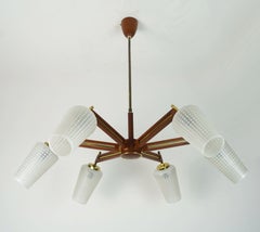 1960s mid century sputnik 8-light CHANDELIER teak brass glass ceiling light