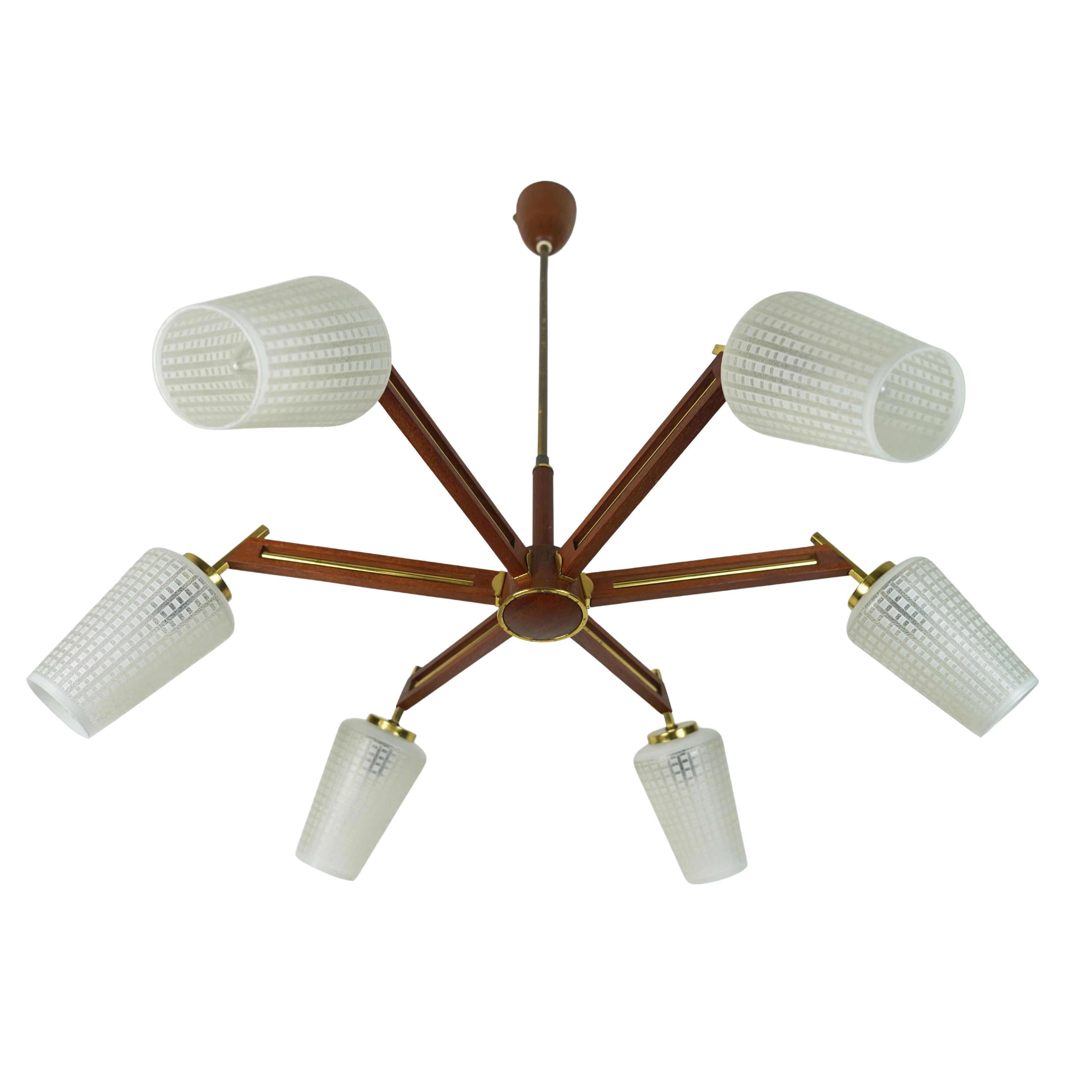 1960, milieu du siècle, Sputnik 8-light CHANDELIER teck laiton verre plafonnier