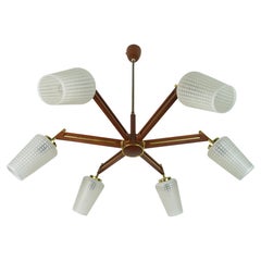 1960s mid century sputnik 8-light CHANDELIER teak brass glass ceiling light